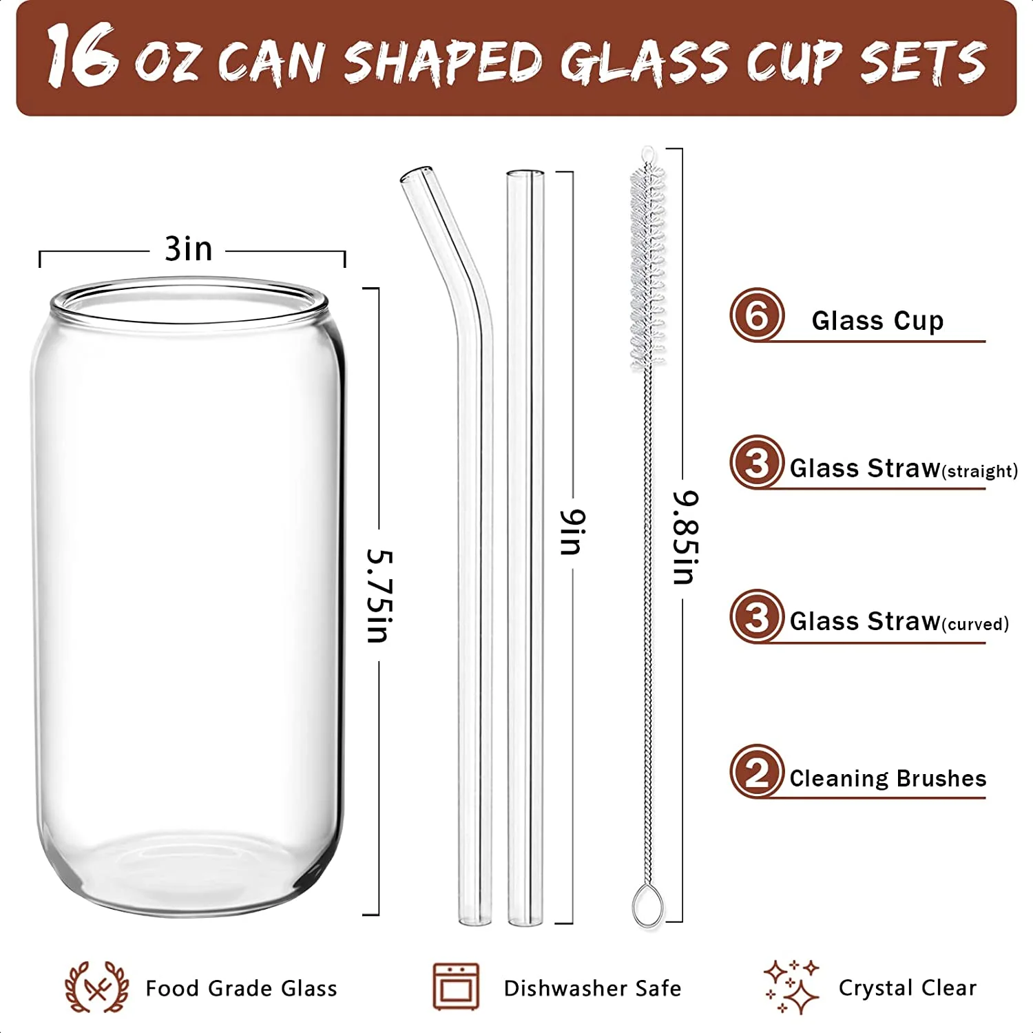 6 Pcs Drinking Glasses with Bamboo Lids and Glass Straw - 16 Oz Can Shaped Glass Cups Beer Glasses Ice Coffee Glasses Cute Tumbler Cup Great for Soda Boba Tea Cocktail Include 2 Cleaning Brushes