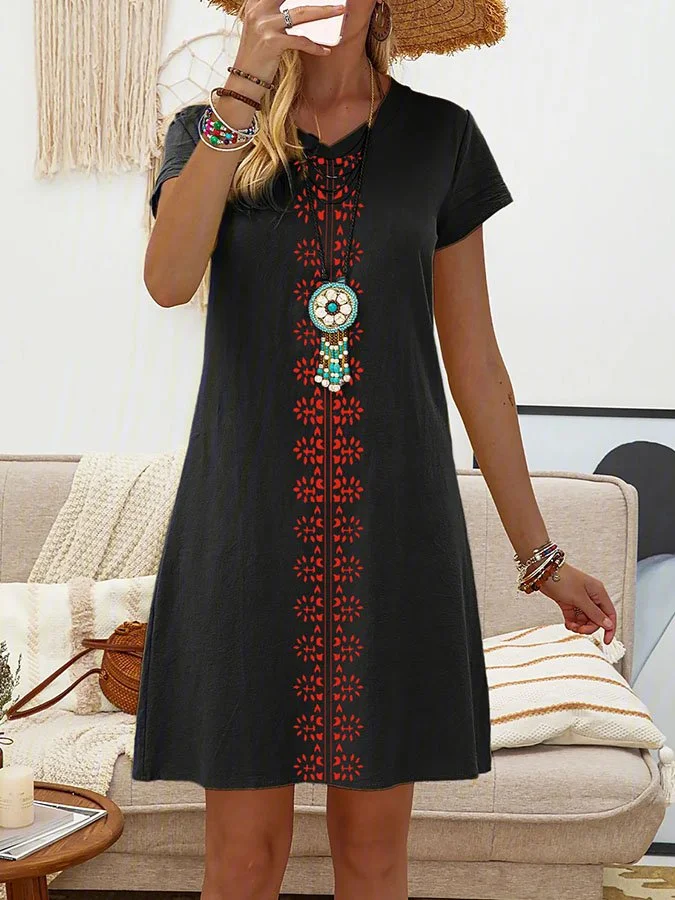 Printed Cotton And Linen V-Neck Dress