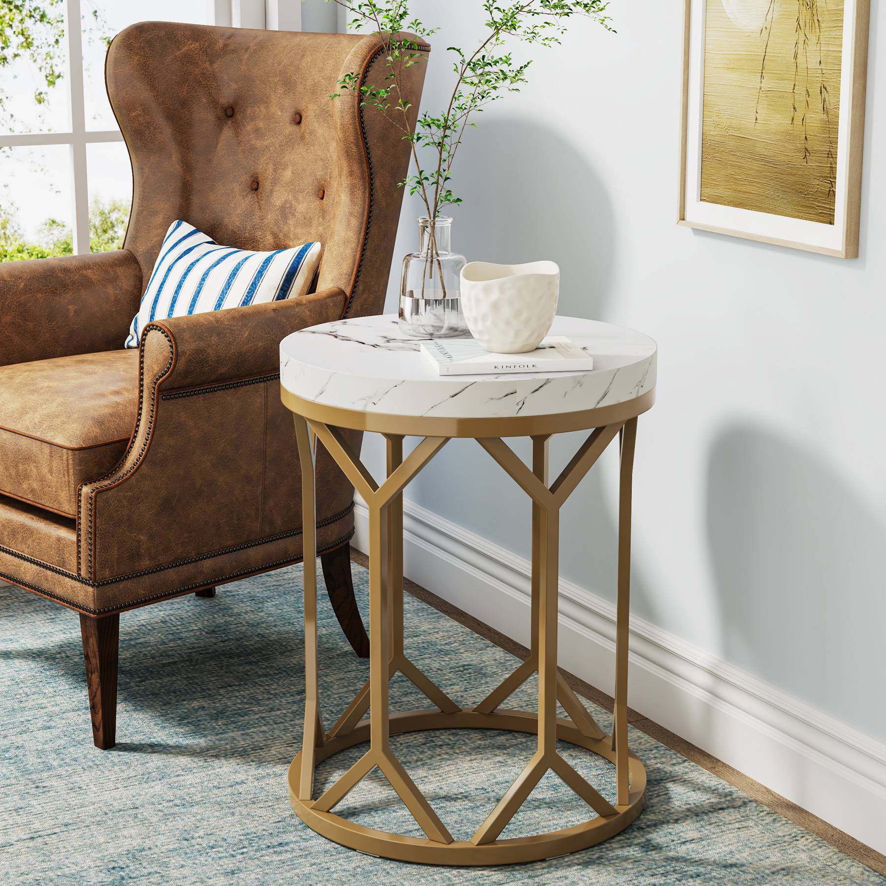 Modern End Table, Round Faux Marble Side Table for Living Room