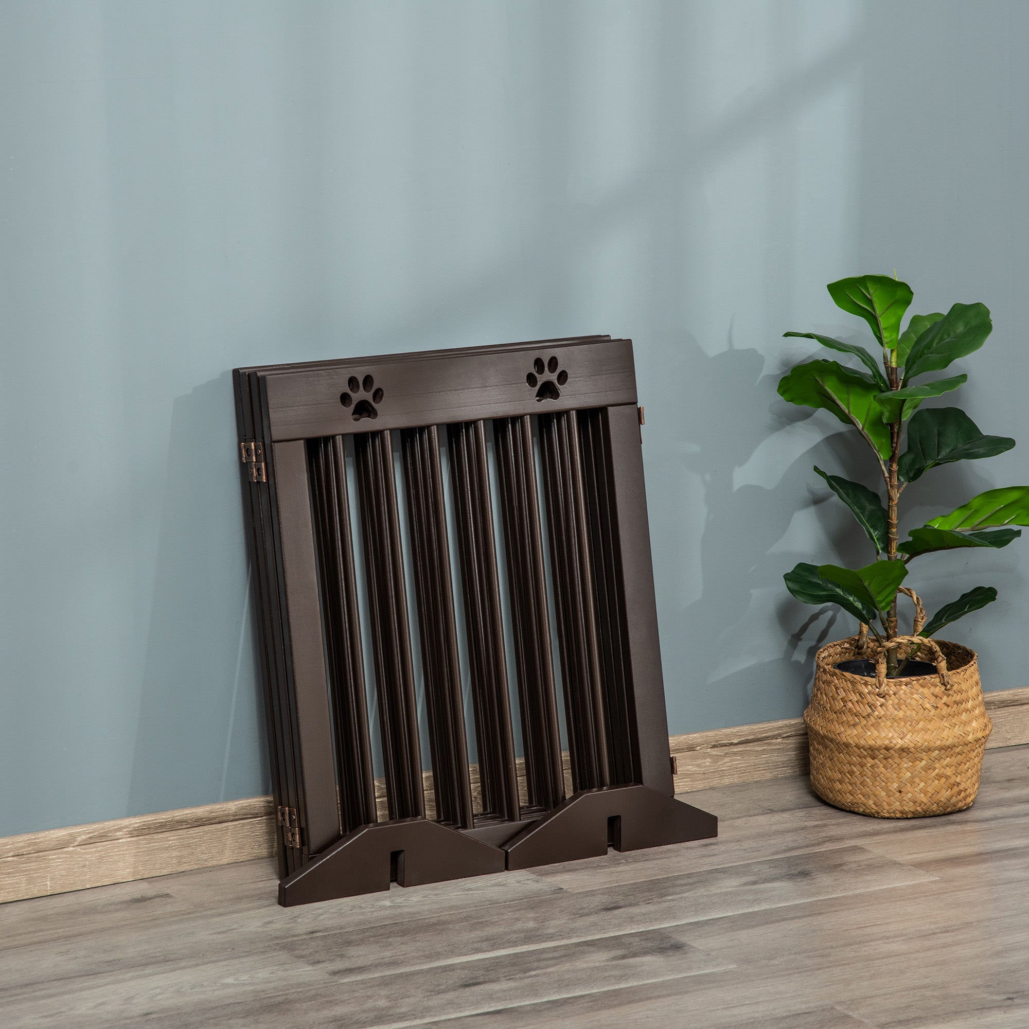 PawHut Freestanding Pet Gate， Wooden Dog Barrier， Folding Safety Fence with 4 Panel， Support Feet up to 80.25