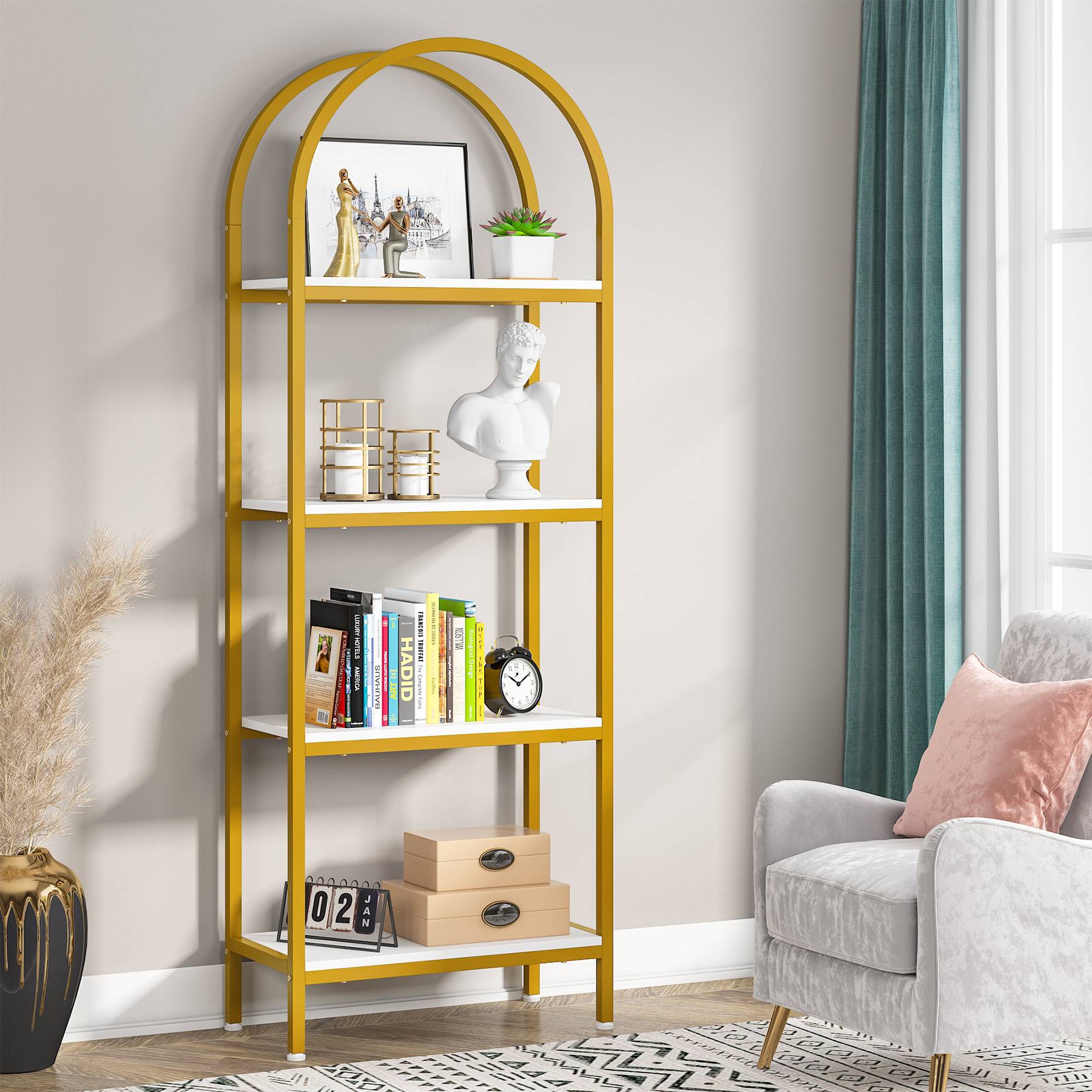 4-Tier / 5-Tier Bookshelf, Arched Bookcase Display Rack with Storage Shelves