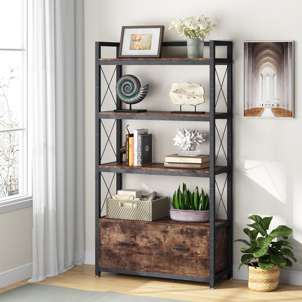 Vertical File Cabinet, Freestanding Filing Cabinet with Drawer & Open Shelves