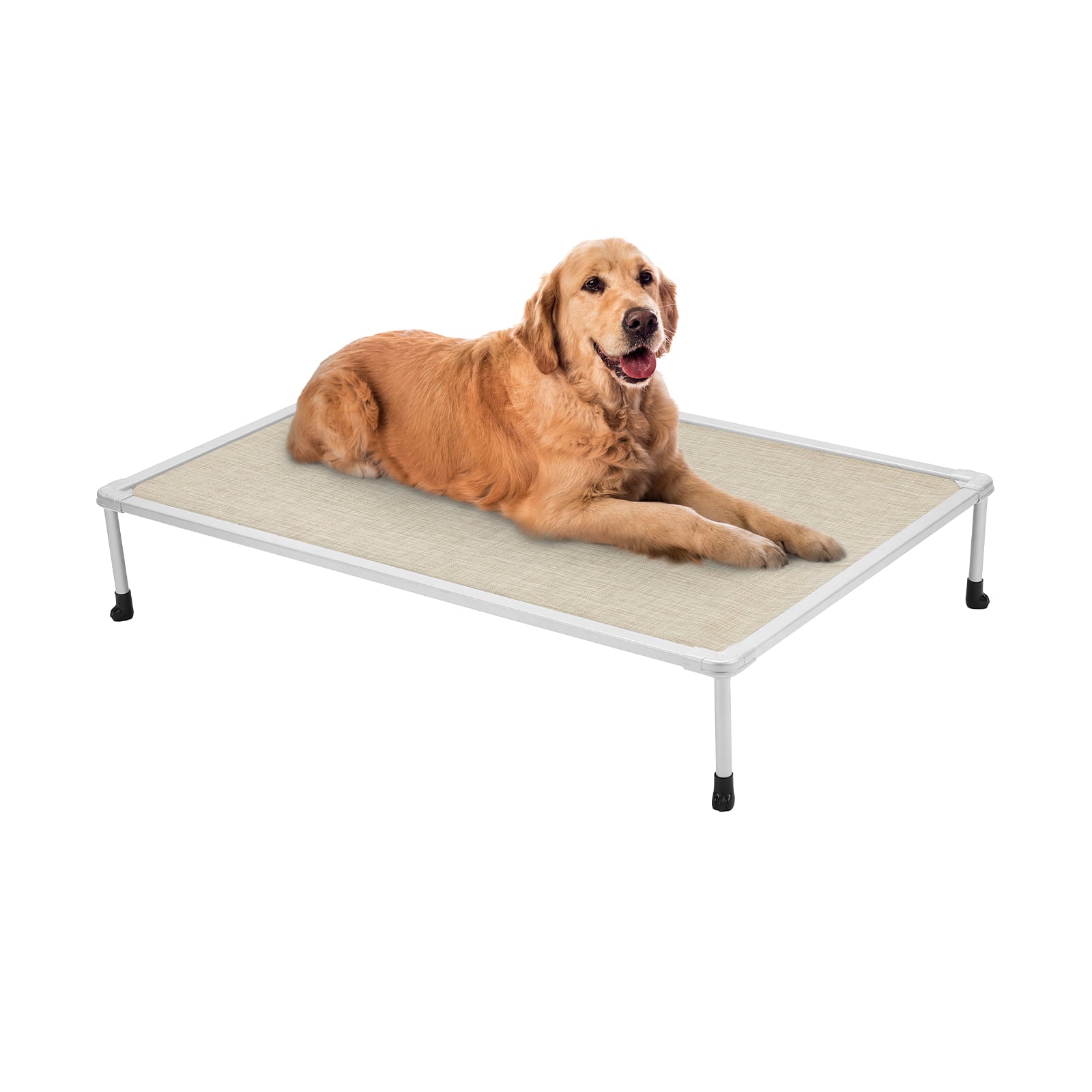 Veehoo Chewproof Dog Bed， Cooling Raised Dog Cots with Silver Metal Frame， Large， Beige Coffee