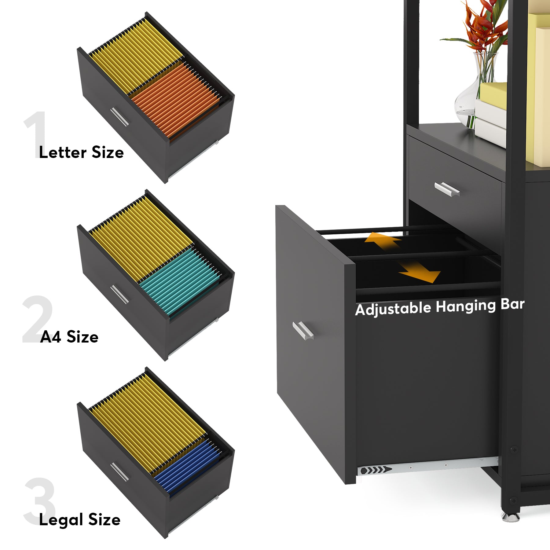 4-Tier File Cabinet, Modern Bookshelf with 2 Drawers