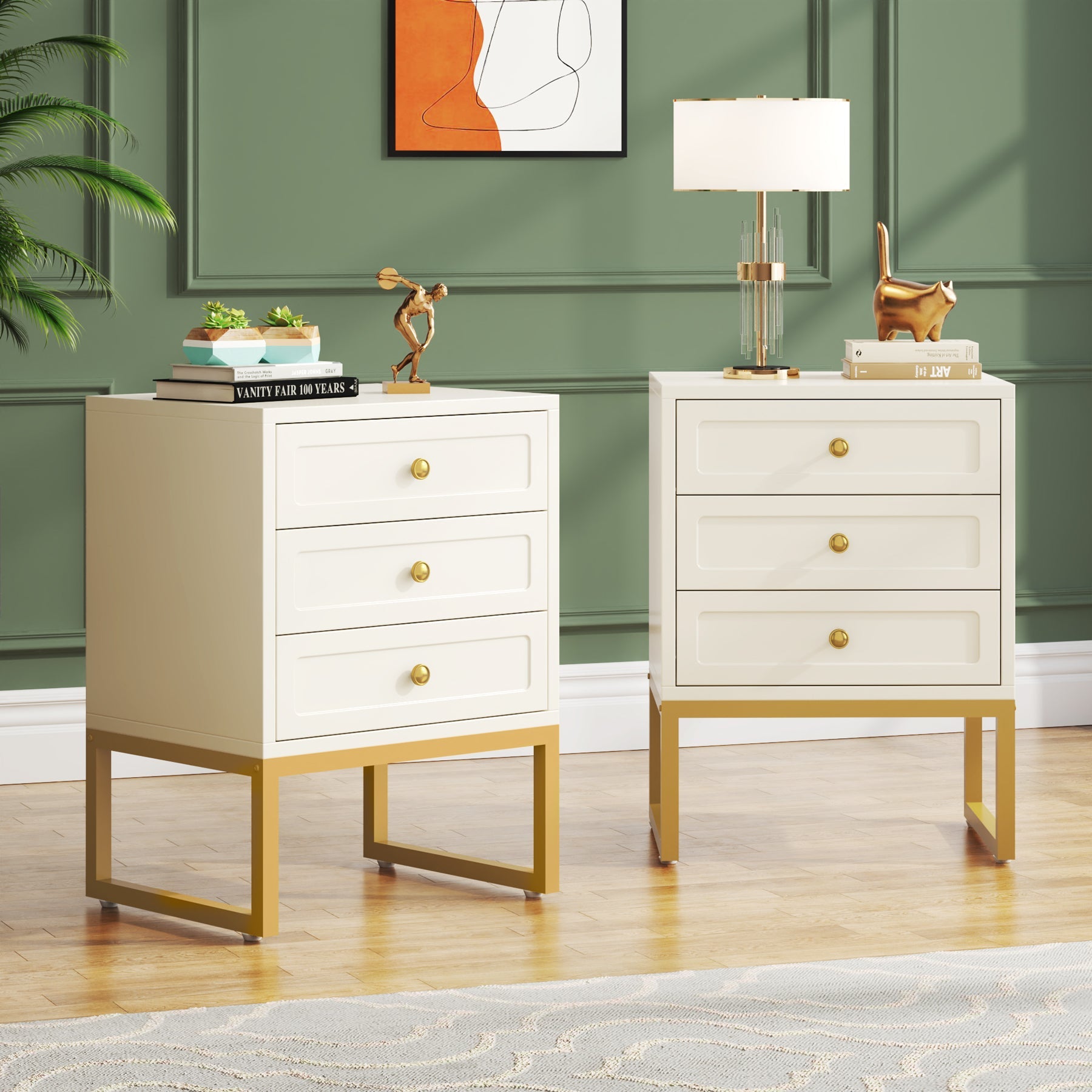 3-Drawer Nightstand, Modern Bedside End Table with with Metal Legs