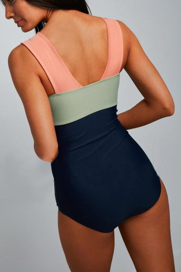 Square Neck Pink Strap Colorblock One Piece Paradise