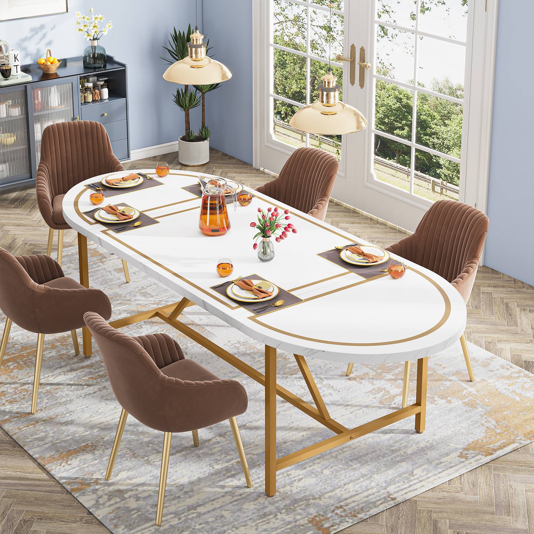 Oval Dining Table, 70.8 Inch Modern Kitchen Table for 6 People