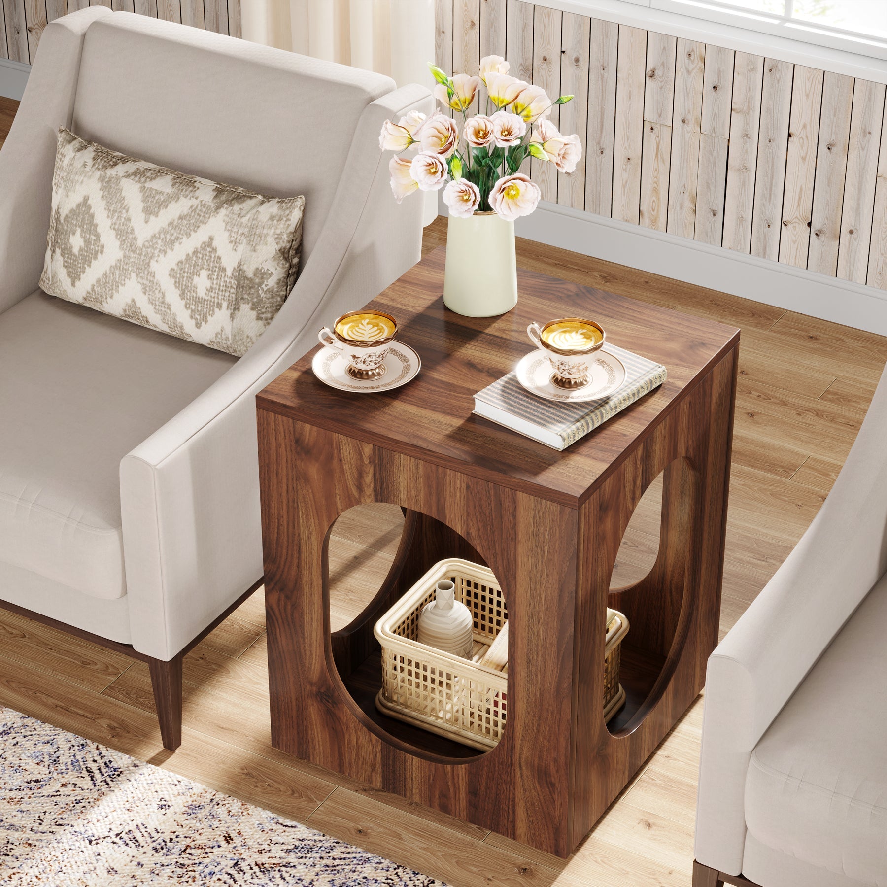 Wood End Table, Square Side Table with 2-tier Storage Shelves