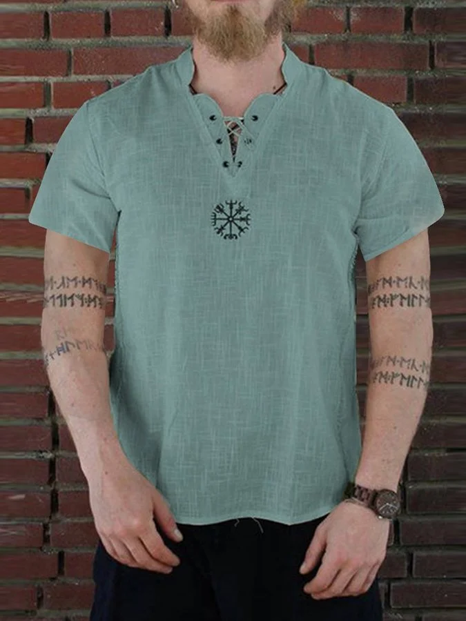 Men's Cotton Linen Embroidered Stand Collar Shirt