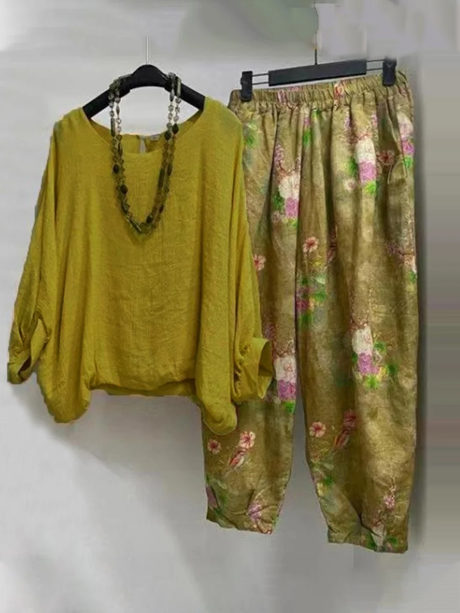 Women's Solid Color Top Vintage Print Pants Cotton Linen Suit