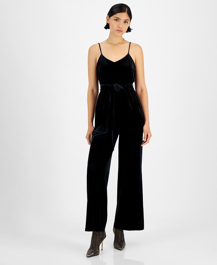 Women's Velvet V-Neck Scoop-Back Belted Jumpsuit， Created for Macy's