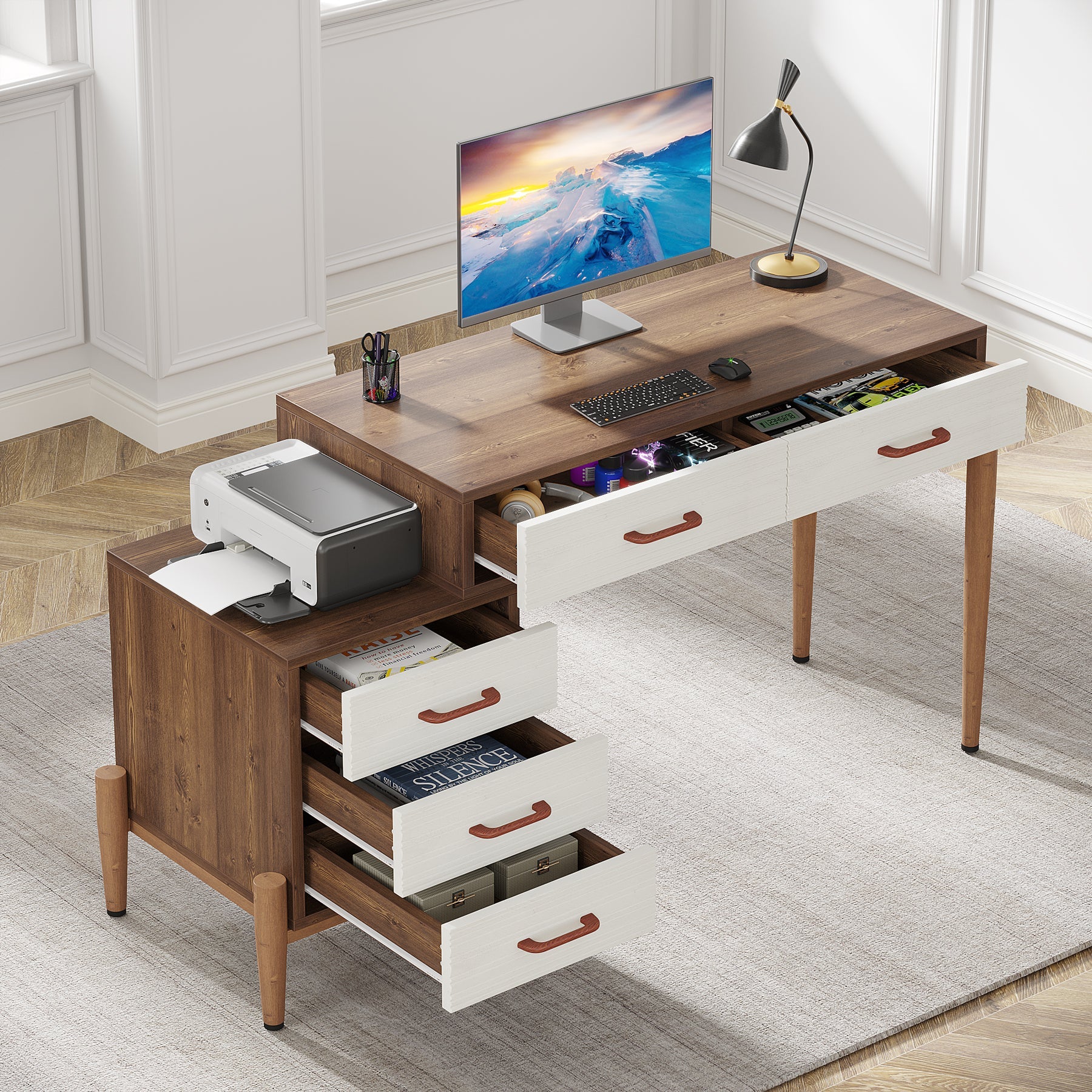 Modern Computer Desk, Home Office Desk with 5 Drawers File Cabinet