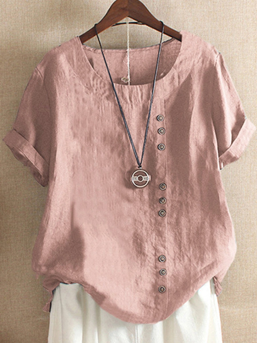 Round Neck Brief Plain Short Sleeve Linen T-Shirts