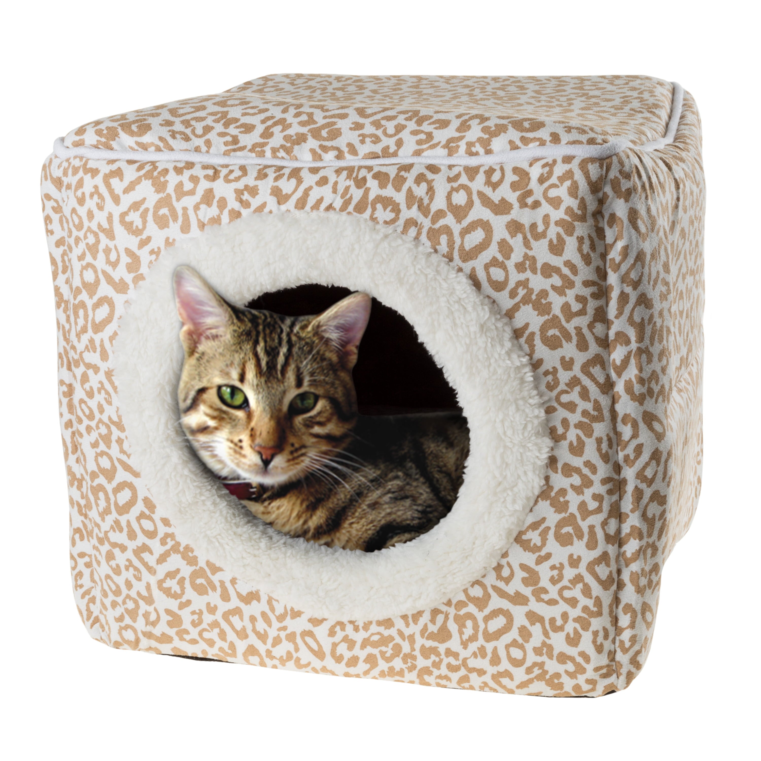 PETMAKER Cat Pet Bed Cave Indoor Enclosed Covered Cavern House for Cats Kittens and Small Pets with Removable Cushion， Tan White Animal Print
