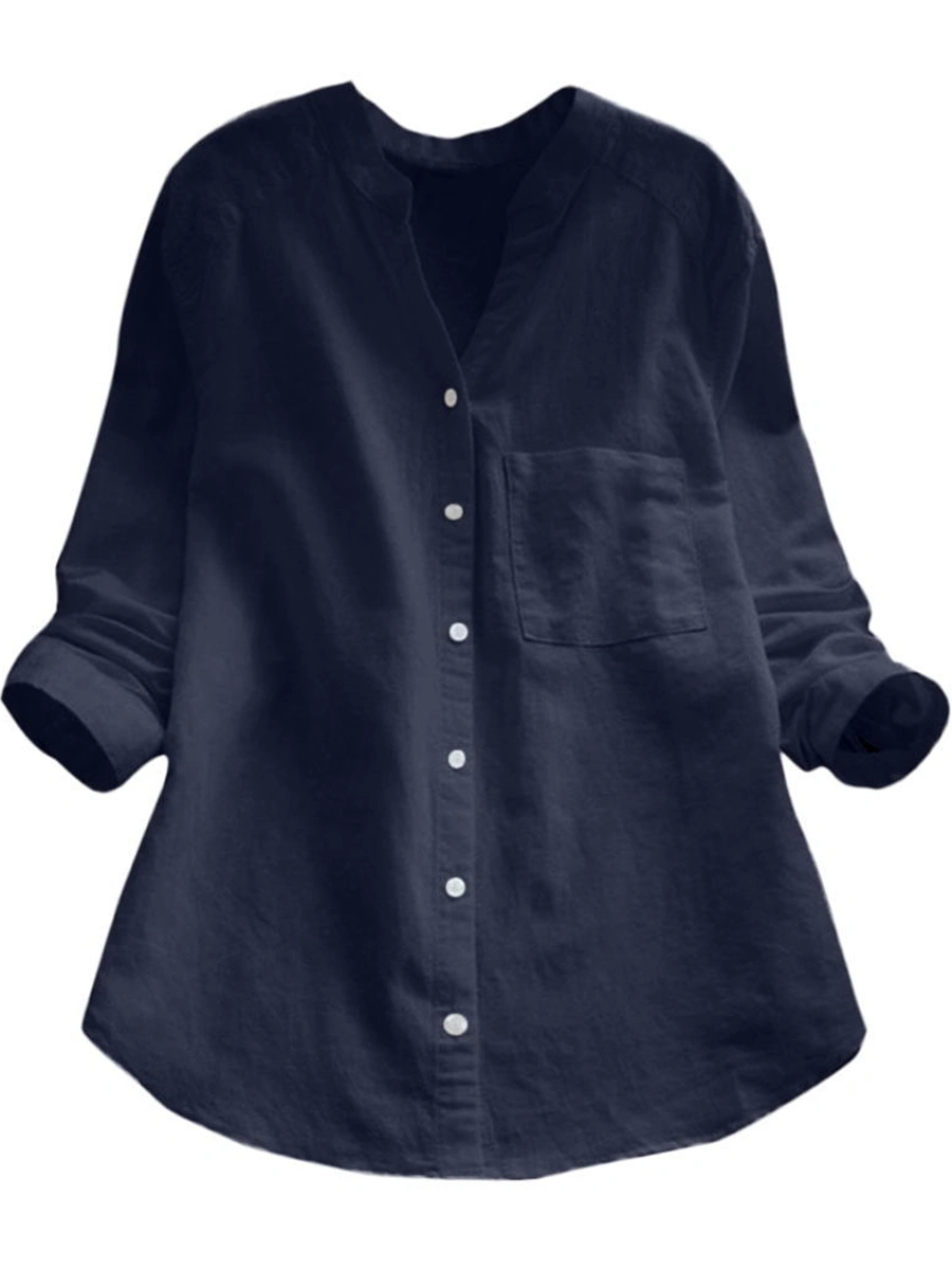 65% Off Autumn Spring V-Neck Linen Plain Shirts & Blouses