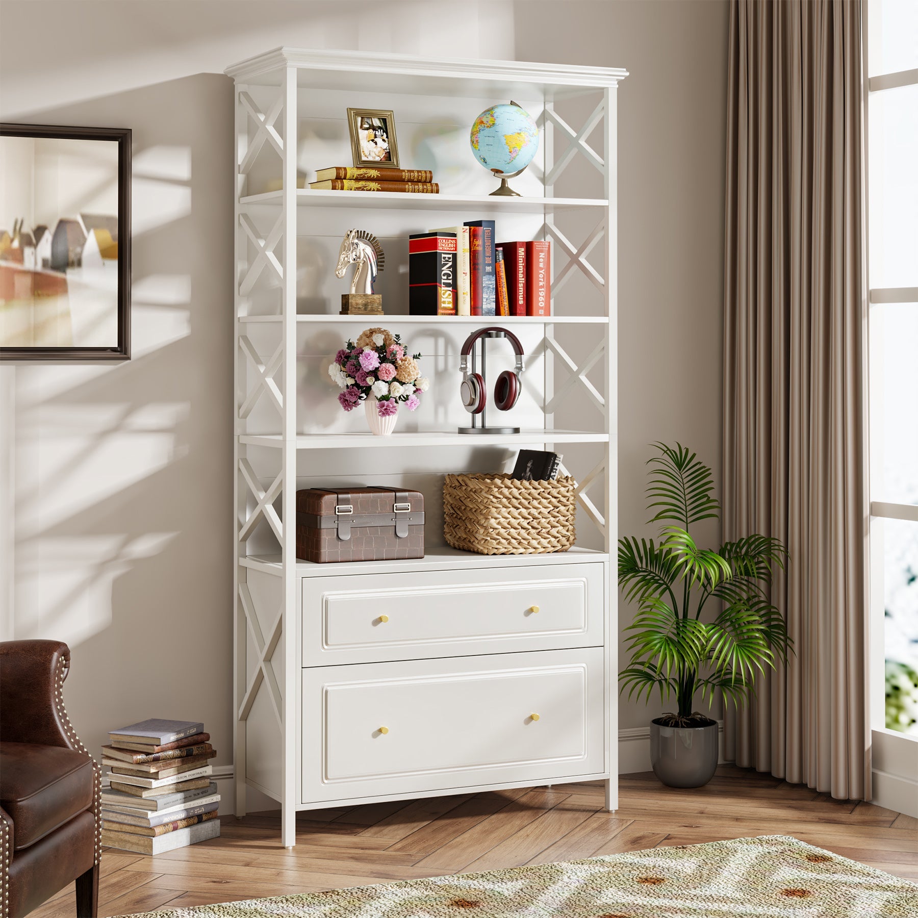 5-Tier Bookshelf, Industrial Bookcase Display Shelf with 2 Drawers