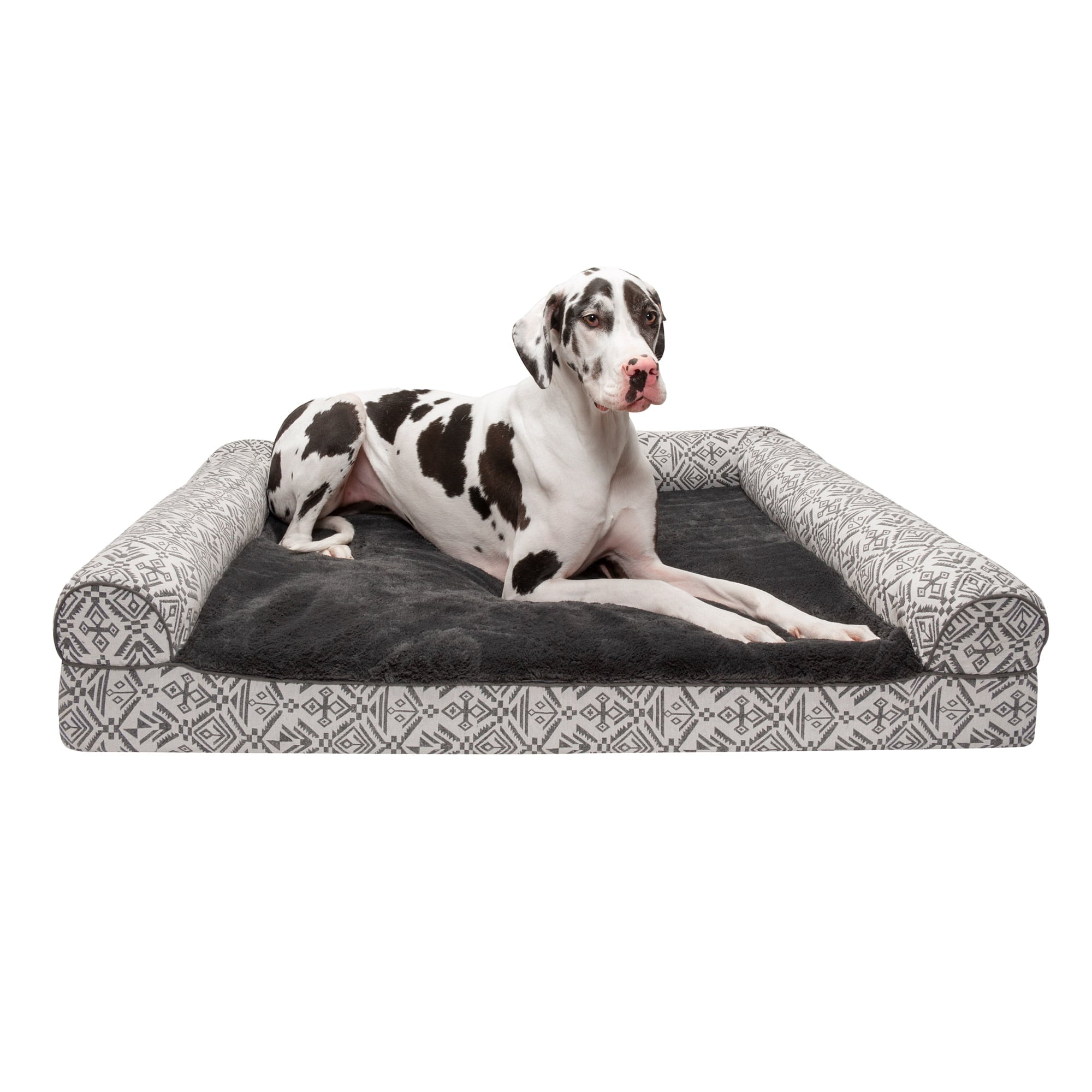 FurHaven | Cooling Gel Southwest Kilim Sofa Pet Bed for Dogs and Cats， Boulder Gray， Jumbo Plus