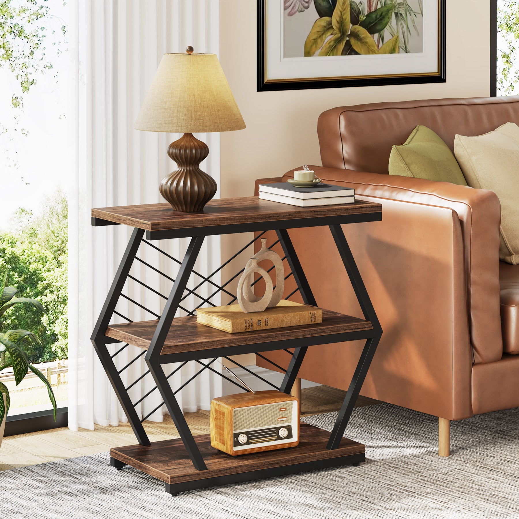 Industrial End Table Side Table with 3 Storage Shelves & Metal Frame