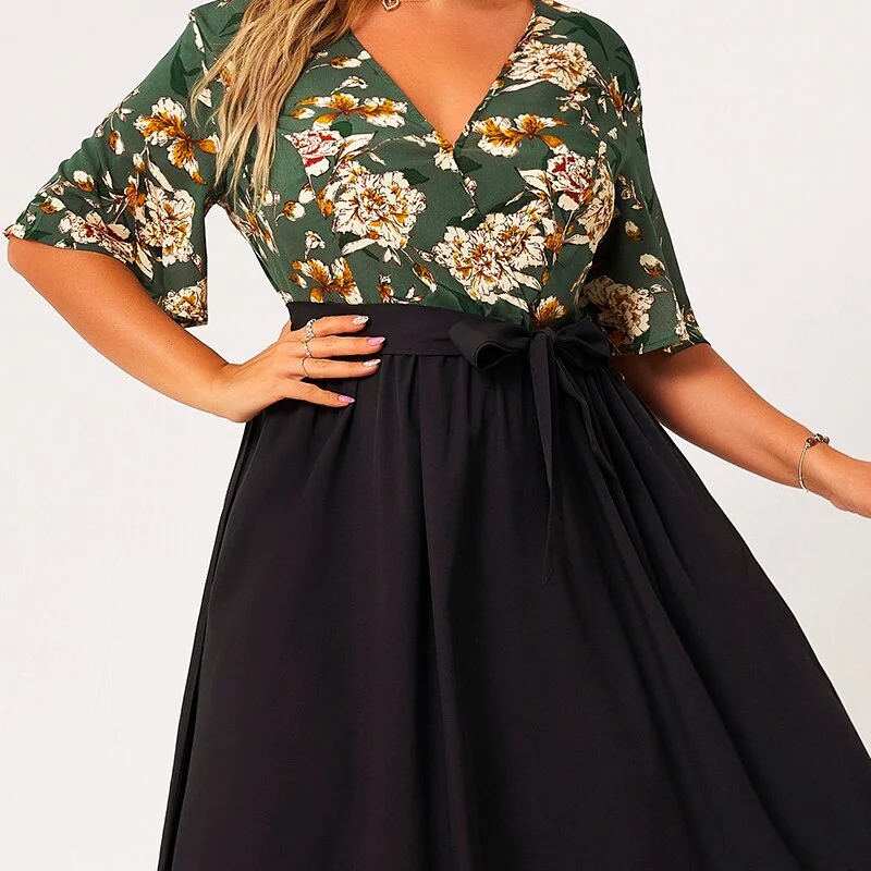 2021 New Summer Maxi Dress Women Plus Size Green Black Patchwork Floral Print Sashes Half Sleeve Vneck Holiday Casual Large Robe