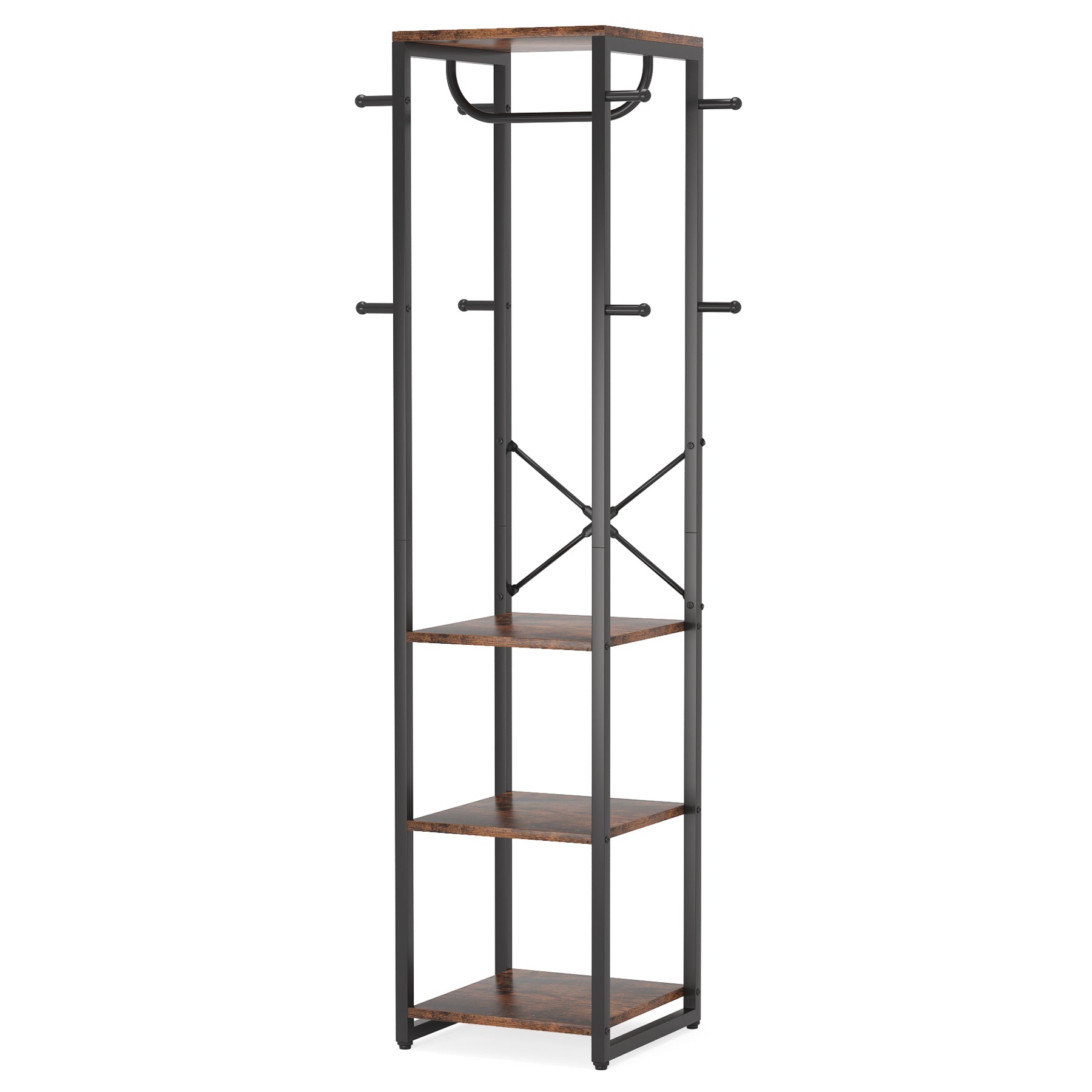 Freestanding Coat Rack, Industrial Corner Hall Tree with 4 Shelves 8 Hooks