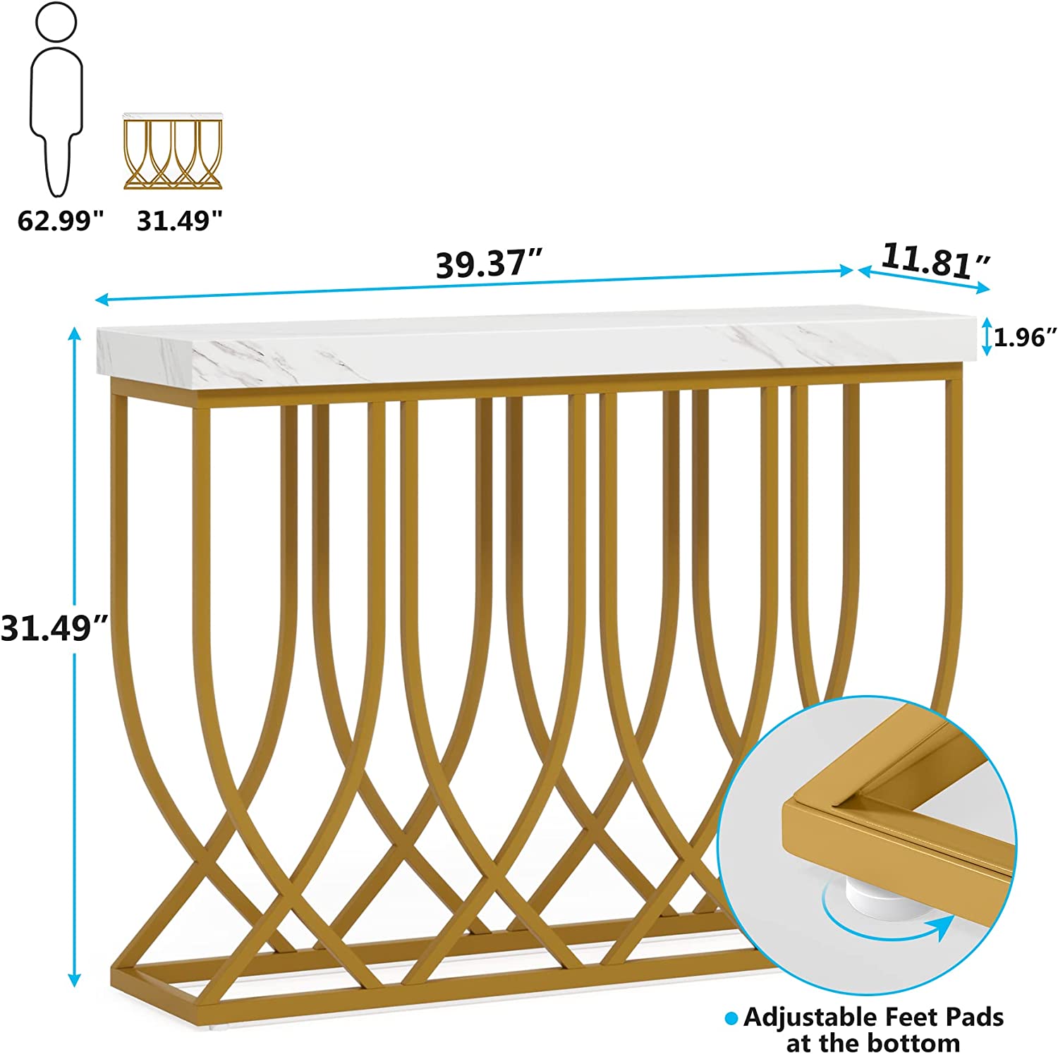 Faux Marble Console Table, 39.4” Sofa Table with Geometric Metal Legs