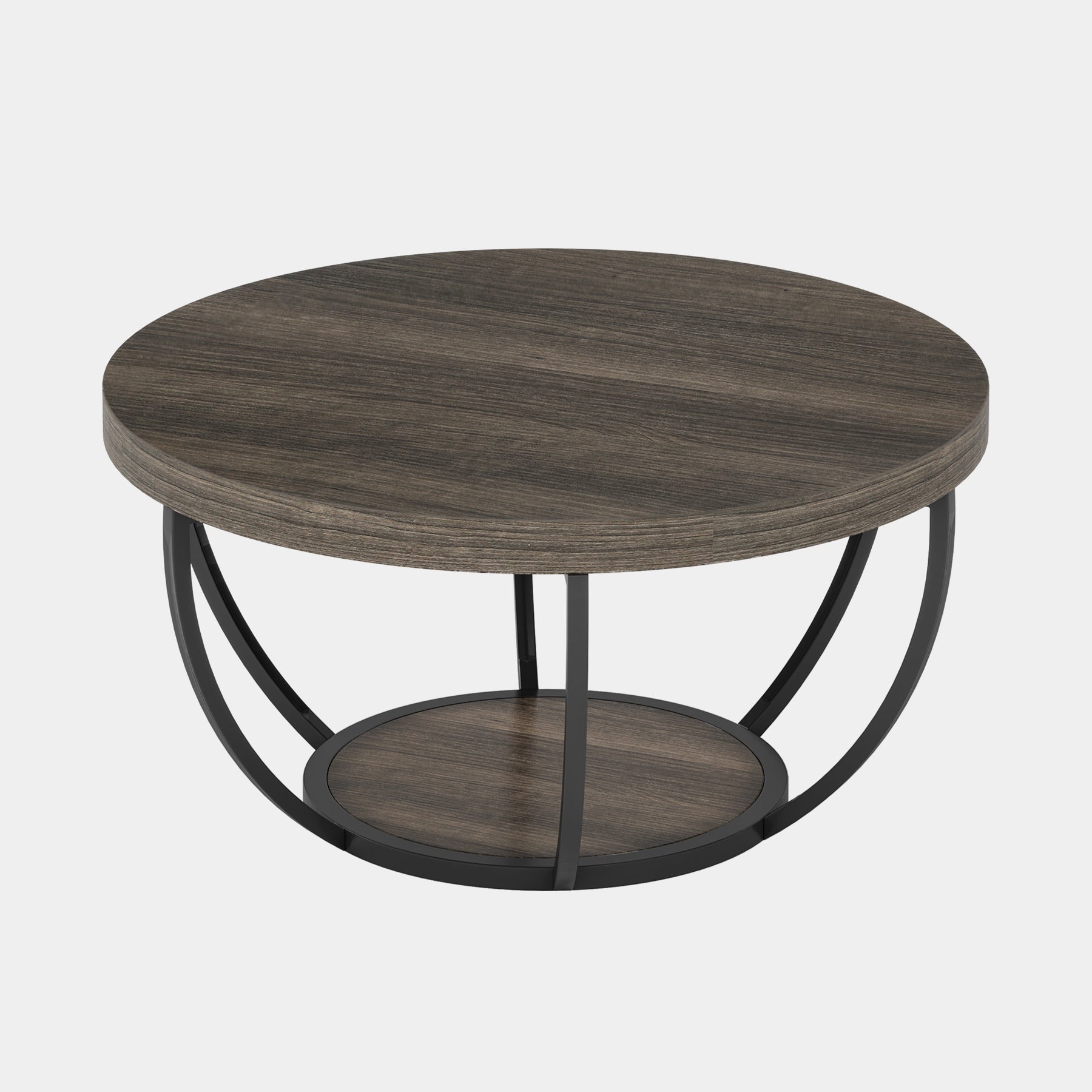 Wooden Coffee Table, 2-Tier Round Central Cocktail Table with Shelves