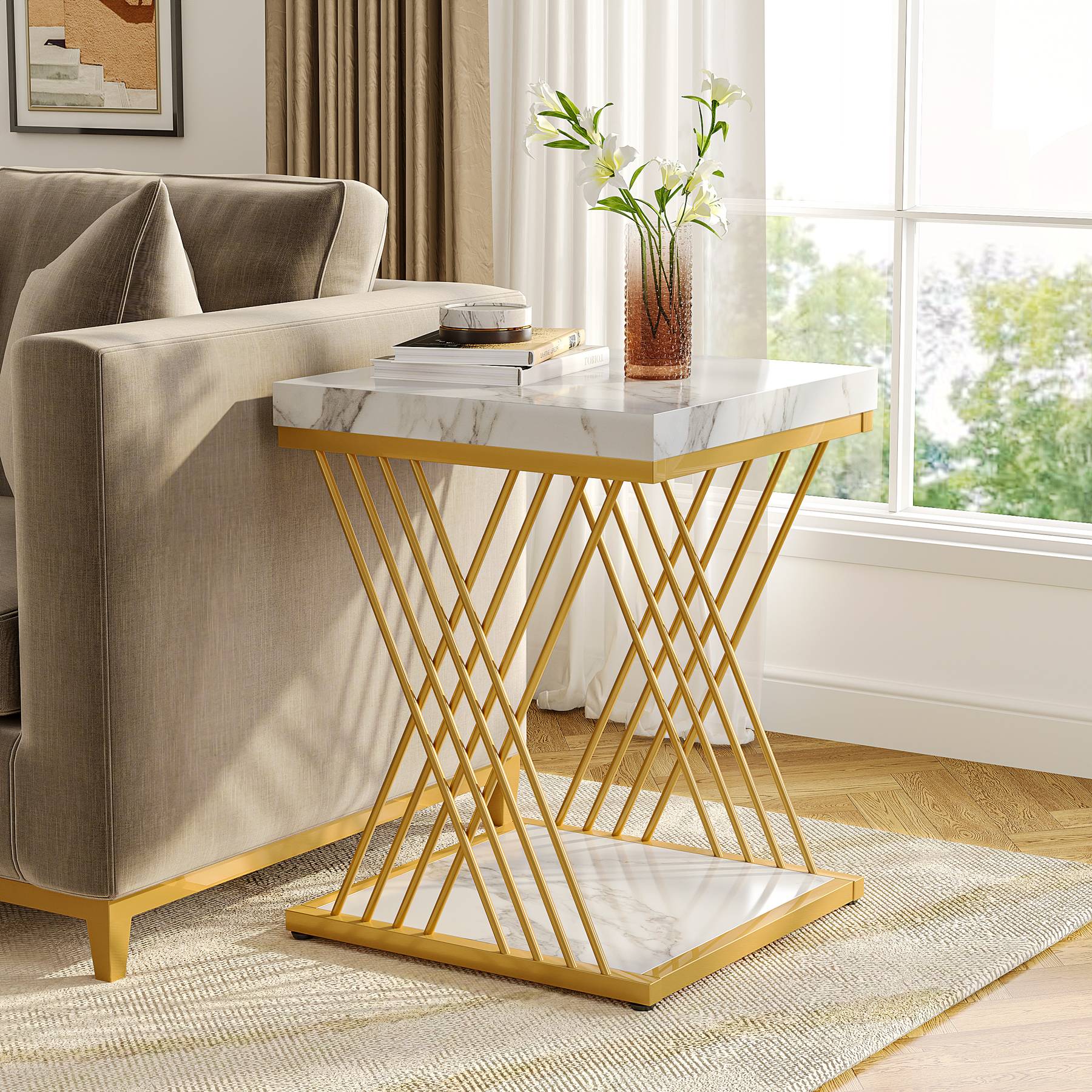 Square End Table, 2-Tier Side Table Modern Bedside Table