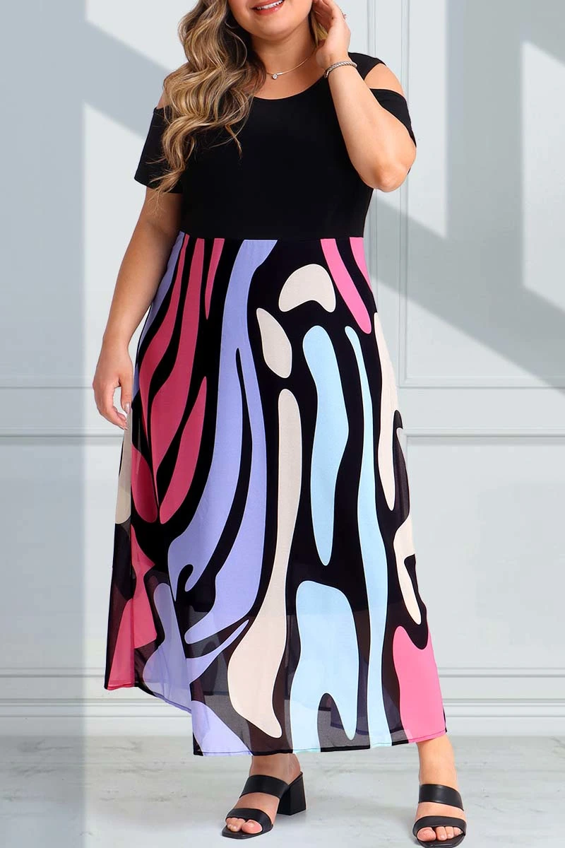 Plus Size Round Neck Cold Shoulder Multi Color Maxi Dresses