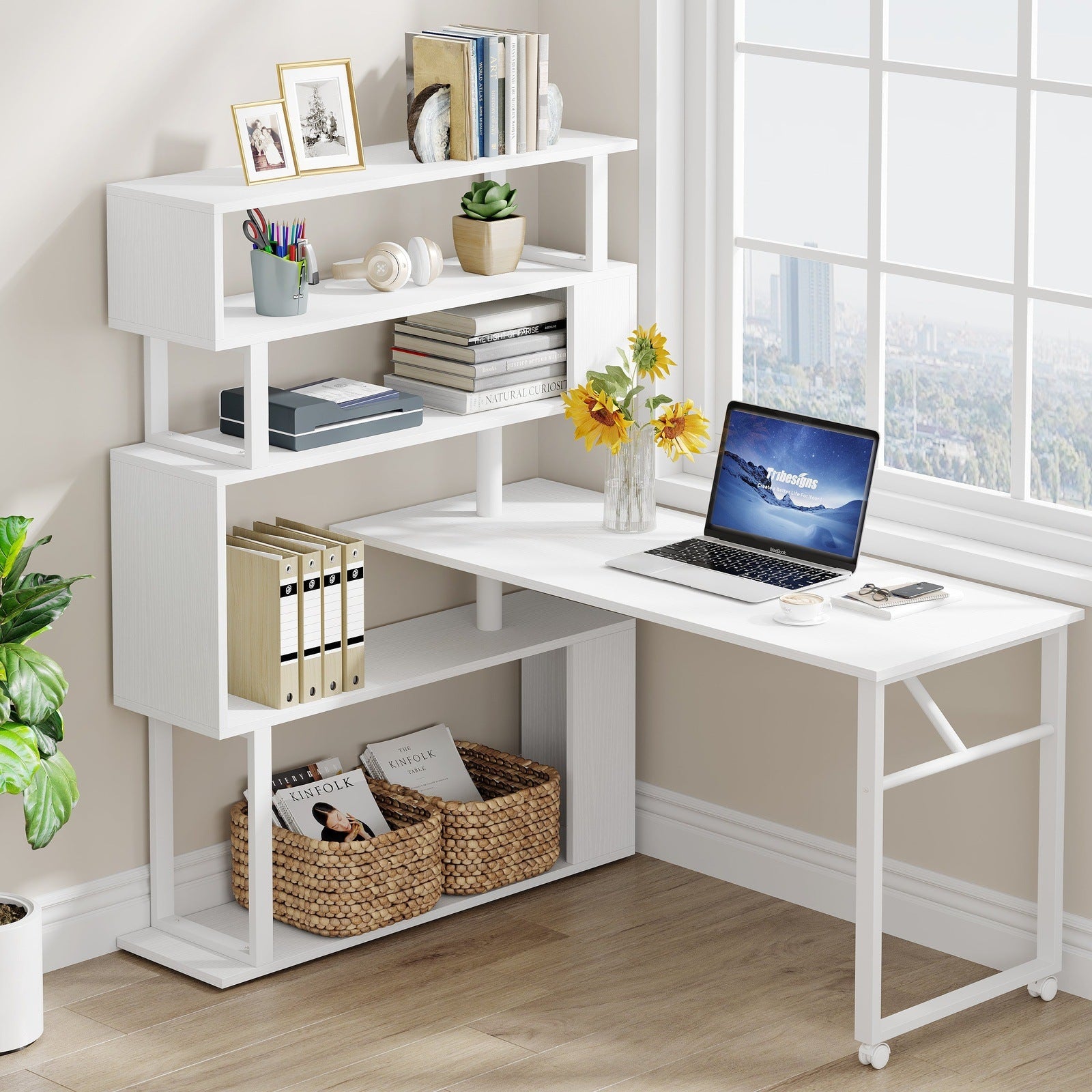 Rotating Desk with 5-Tier Bookshelf, Reversible Computer Desk with Wheels