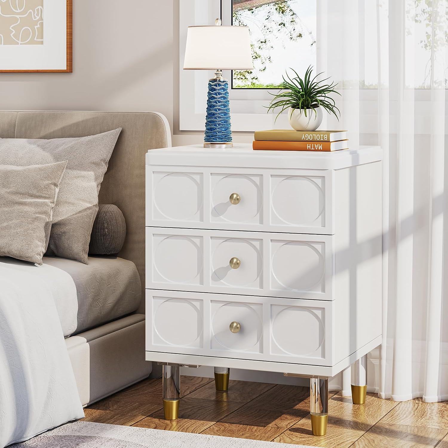 3-Drawer Nightstand Bedside Table with Acrylic Metal Legs