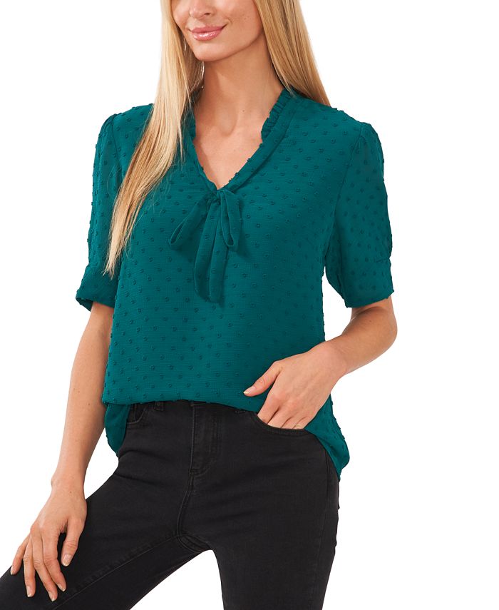 Women's Short Sleeve Cotton Clip-Dot Bow Neck Blouse
