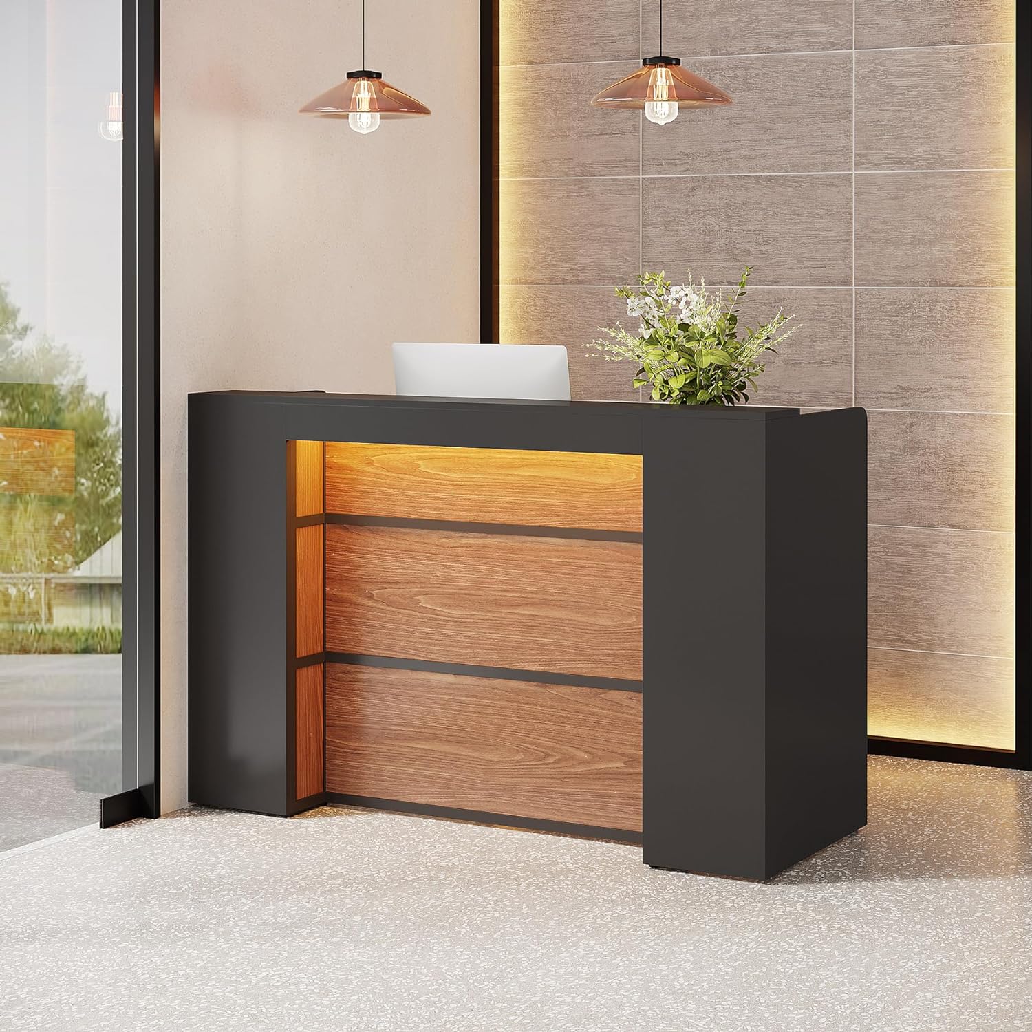 Modern Reception Desk, Large Counter Table Front Desk with LED Lights