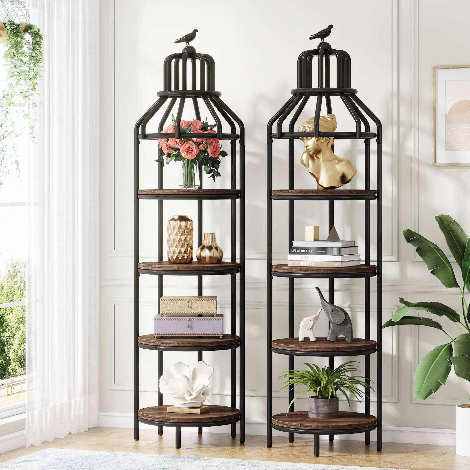 Industrial Bookshelf, 4-Tier Etagere Bookcase with Bird Cage Design