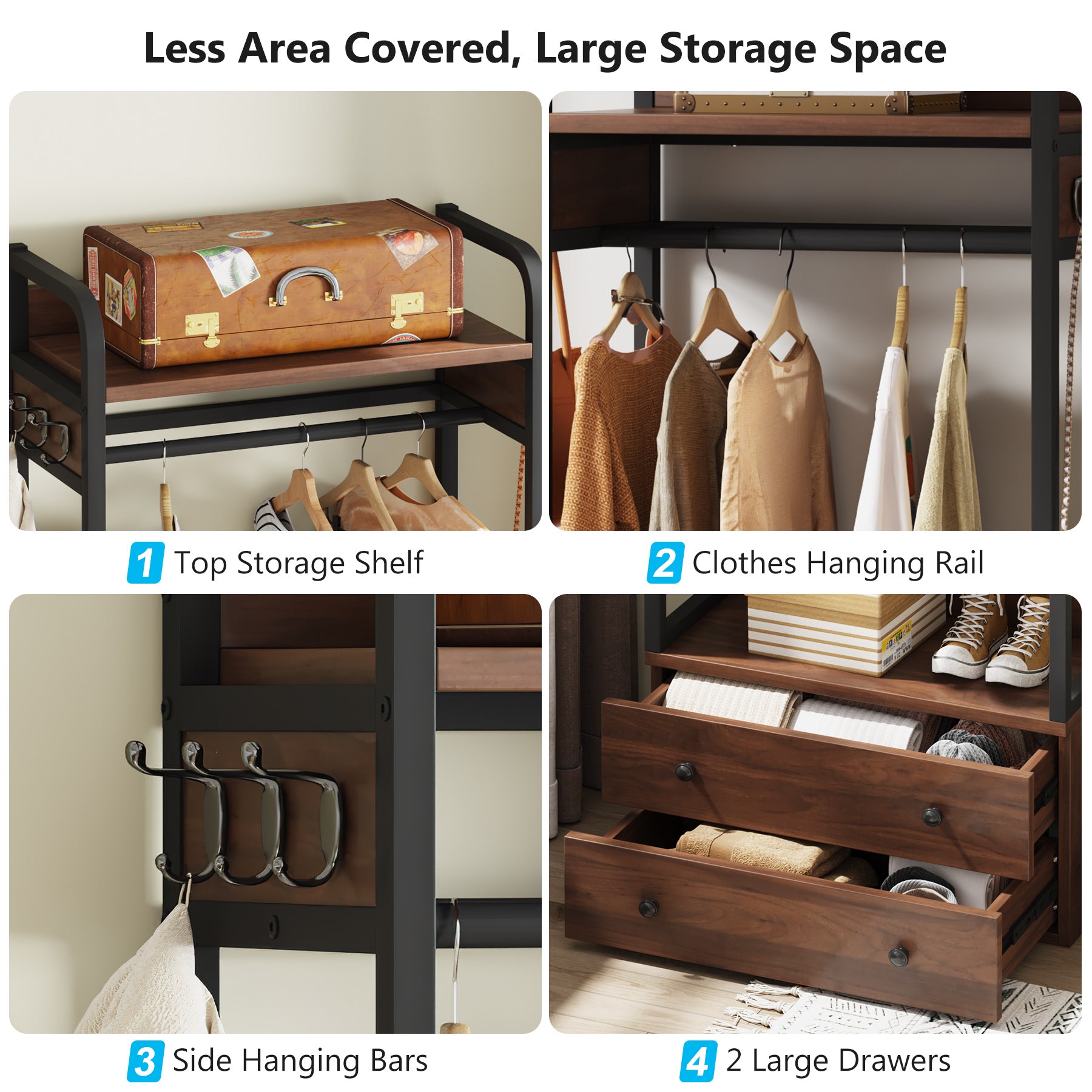 Freestanding Closet Organizer, Coat Rack with Drawers and Shelves