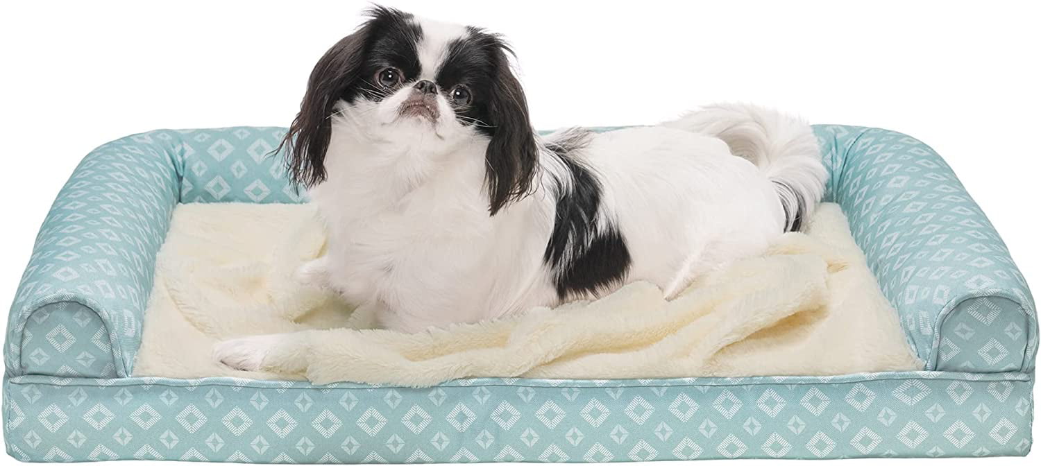 Plush Fur and Diamond Print Nest-Top Full Support Orthopedic Foam Sofa Dog Bed - Aqua， Medium