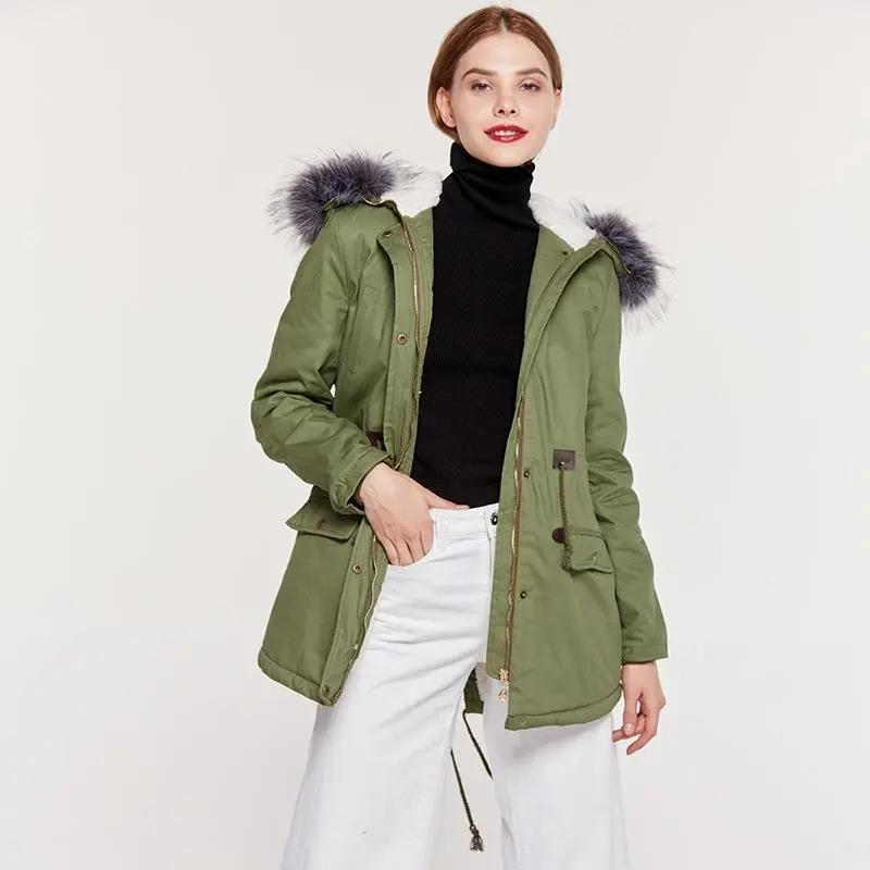 Faux Fur Collar Pockets Drawstring Women Parka Jacket Oversized Coat