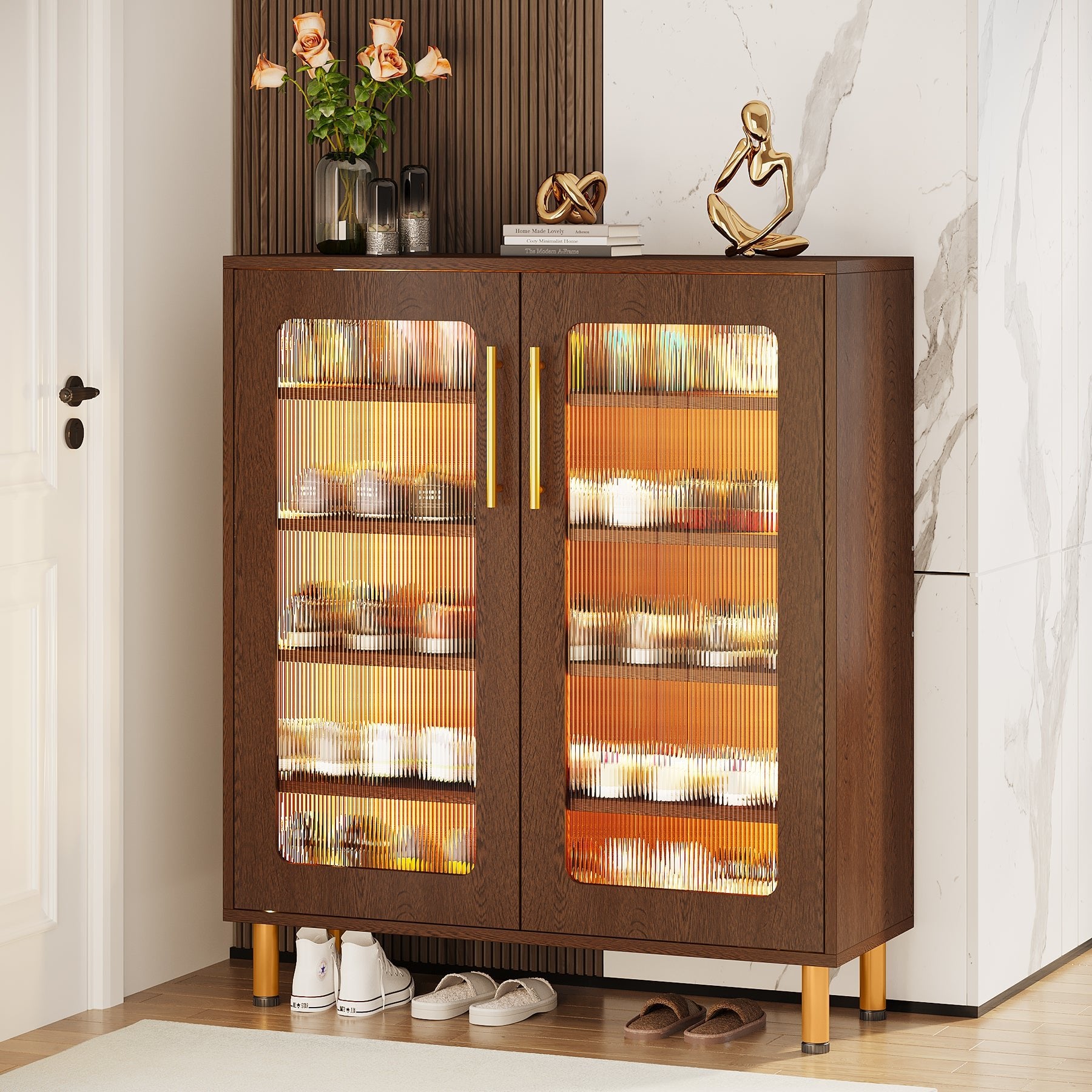 Modern Shoe Cabinet, 5-Tier Shoe Organizer with LED Light & Acrylic Doors