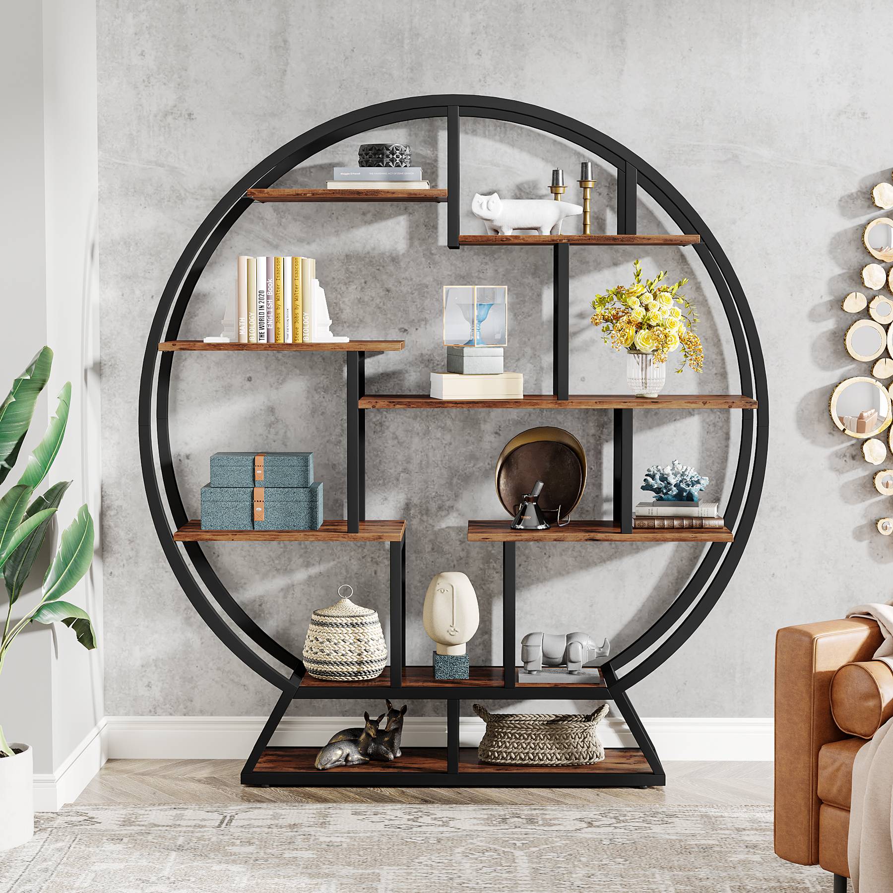 Round Bookshelf, 63 Inch Etagere Bookcase with Staggered Shelves