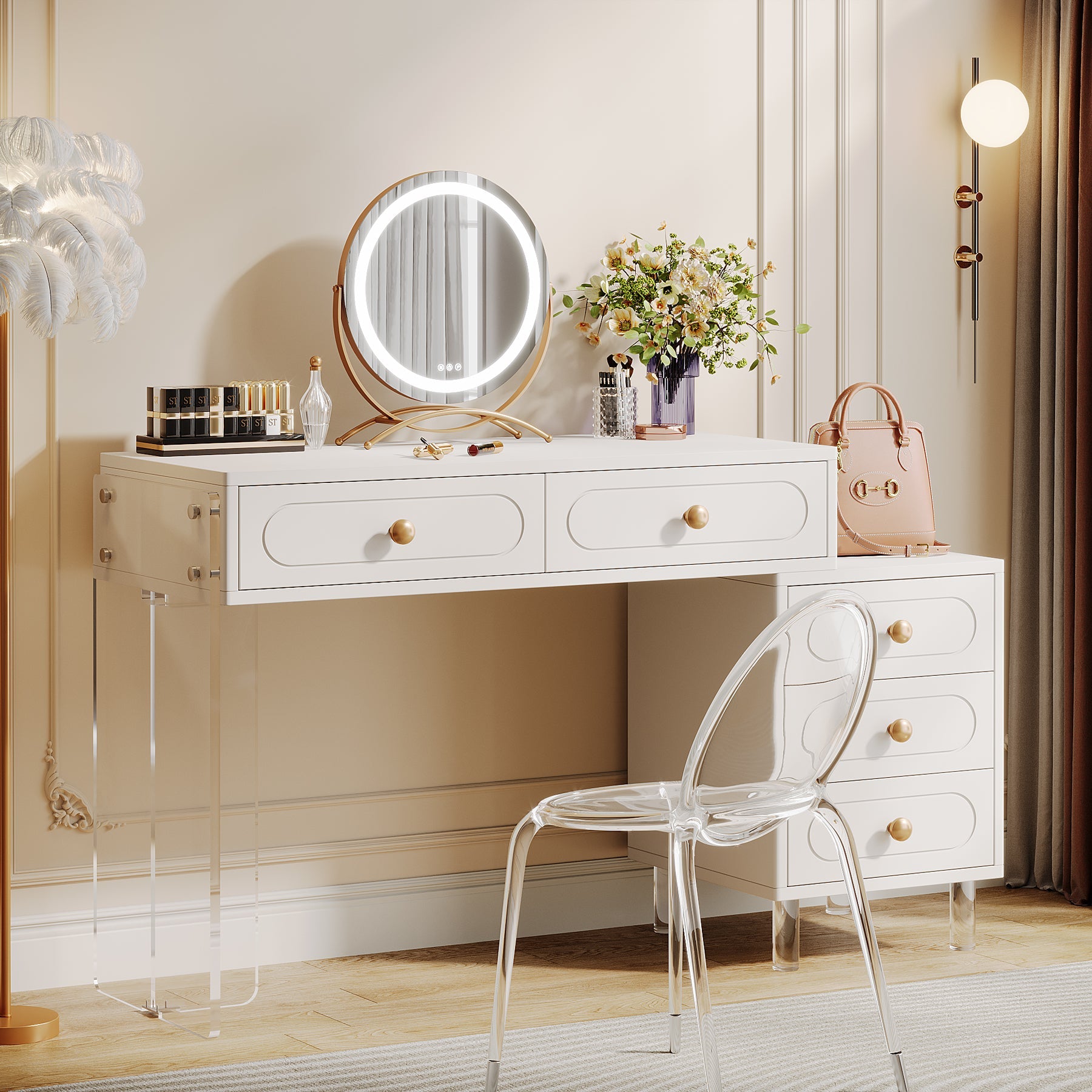 Extendable Makeup Vanity with 5-Drawer and Acrylic Base and Legs(Without Mirror)