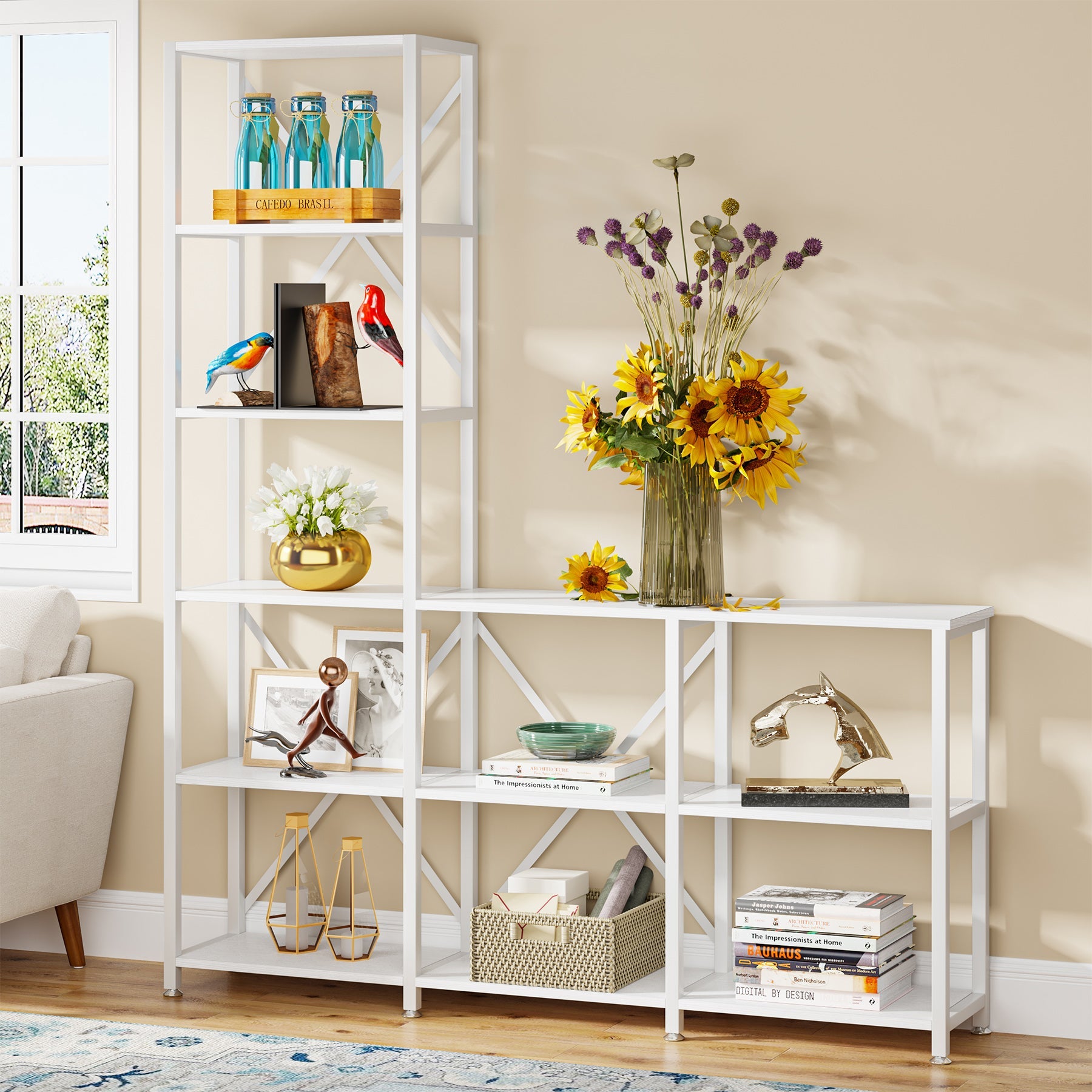 9-Shelf Bookshelf, Industrial Ladder Corner Etagere Bookcase