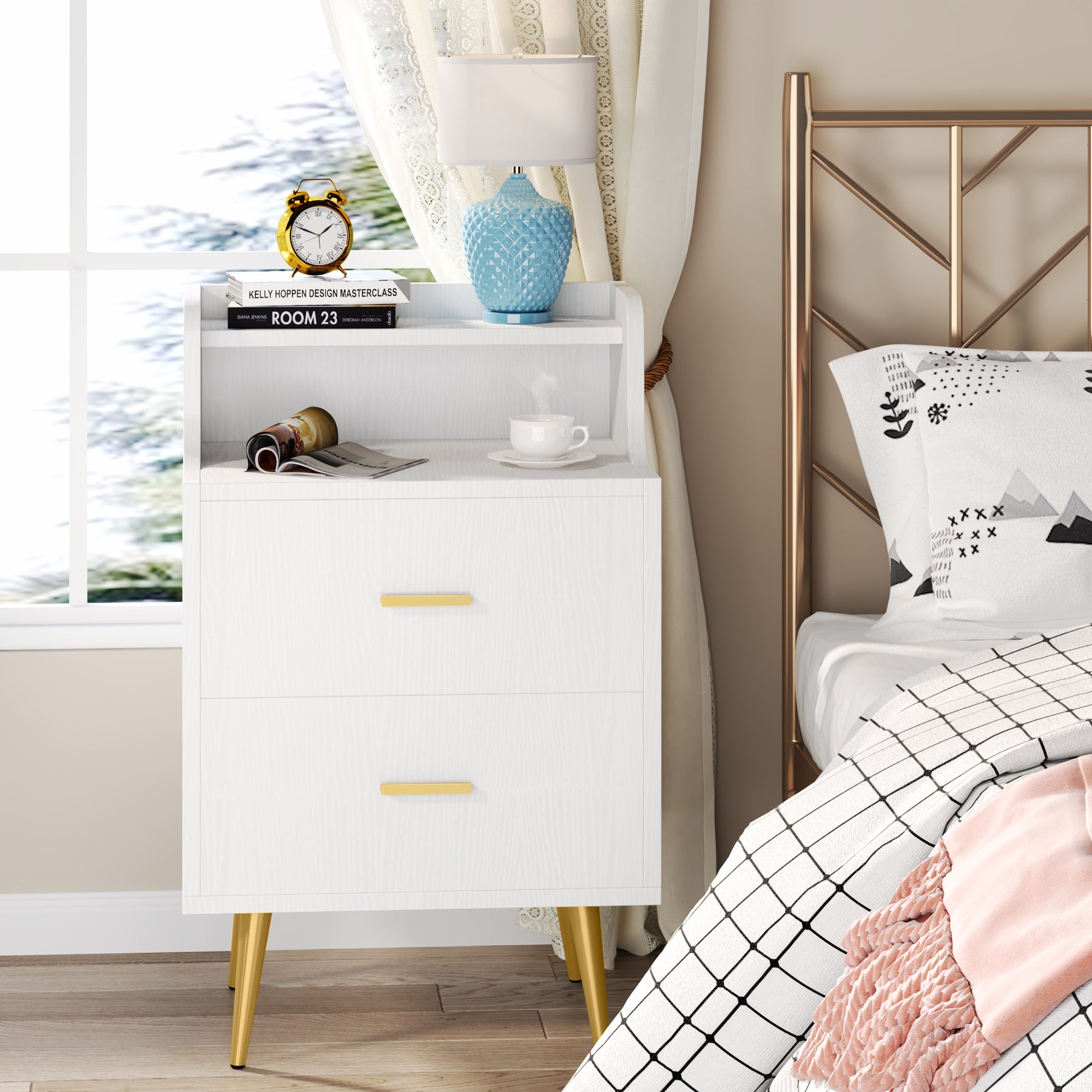 White Nightstand, Modern Bedside Table with 2 Drawers