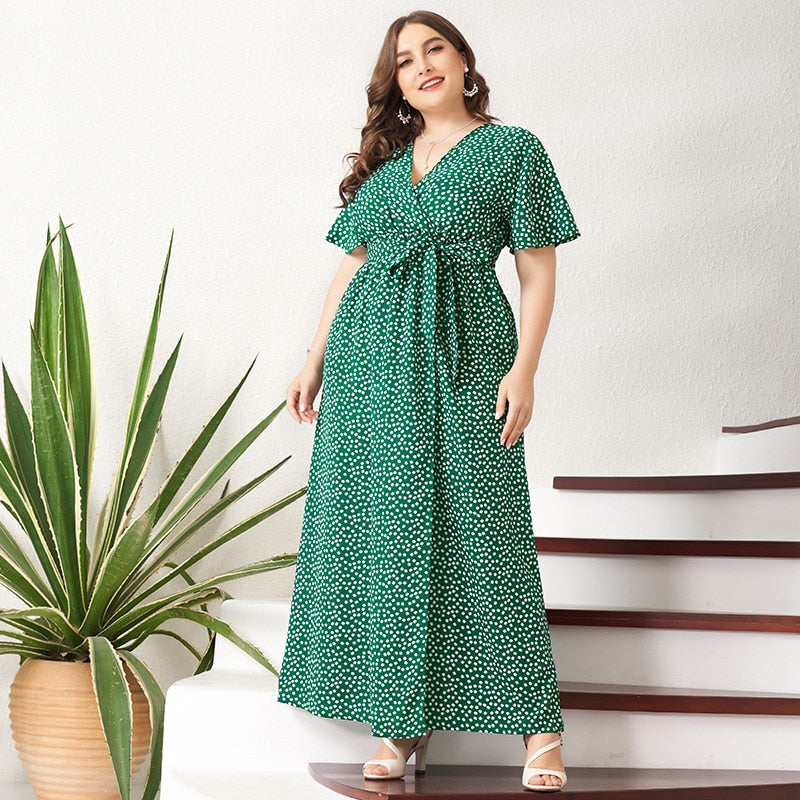 MAI&FUN 2021 New Summer Maxi Dress Women Green Floral Sashes Belt Split Flared Short Sleeve V-neck Boho Holiday Robes Plus Size