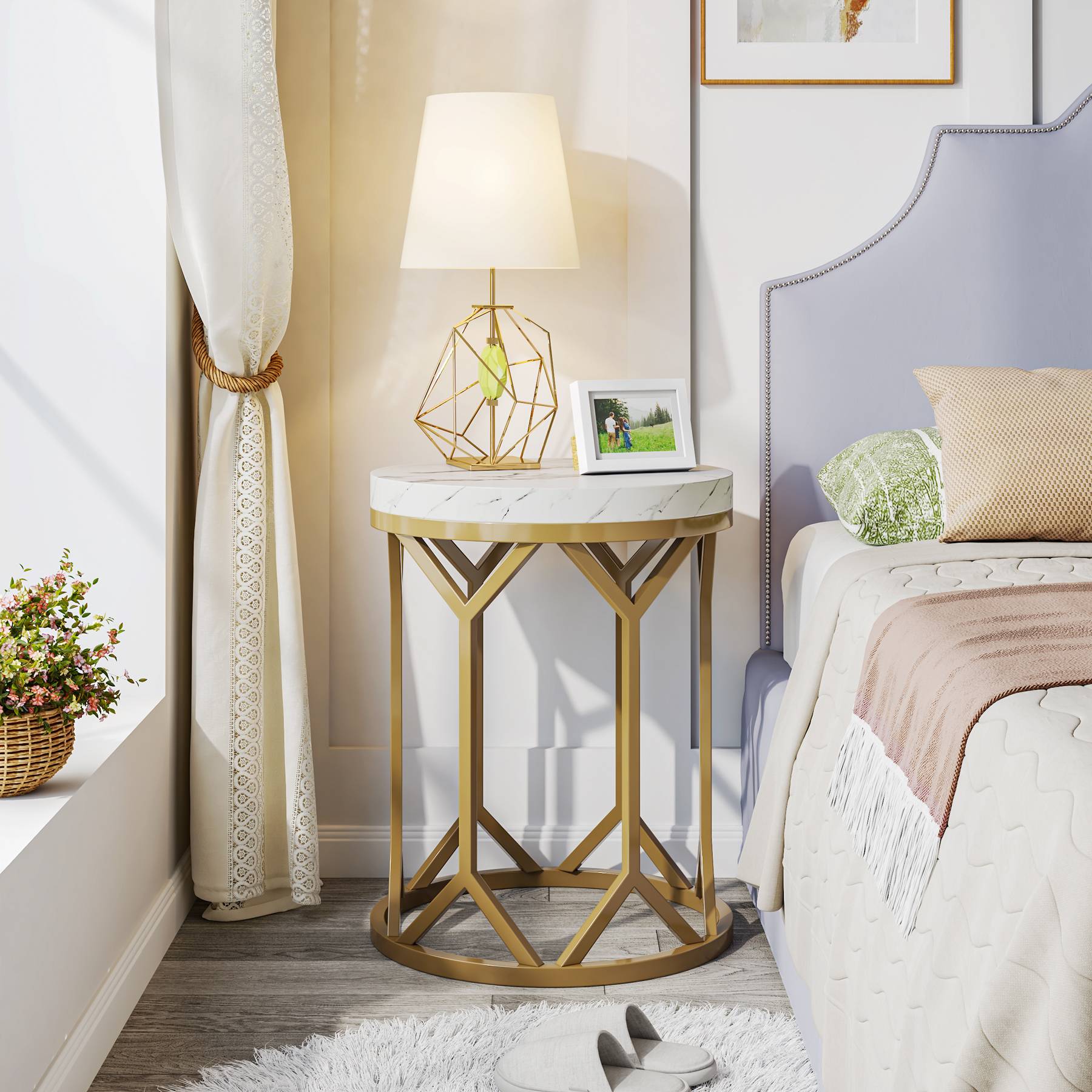 Modern End Table, Round Faux Marble Side Table for Living Room