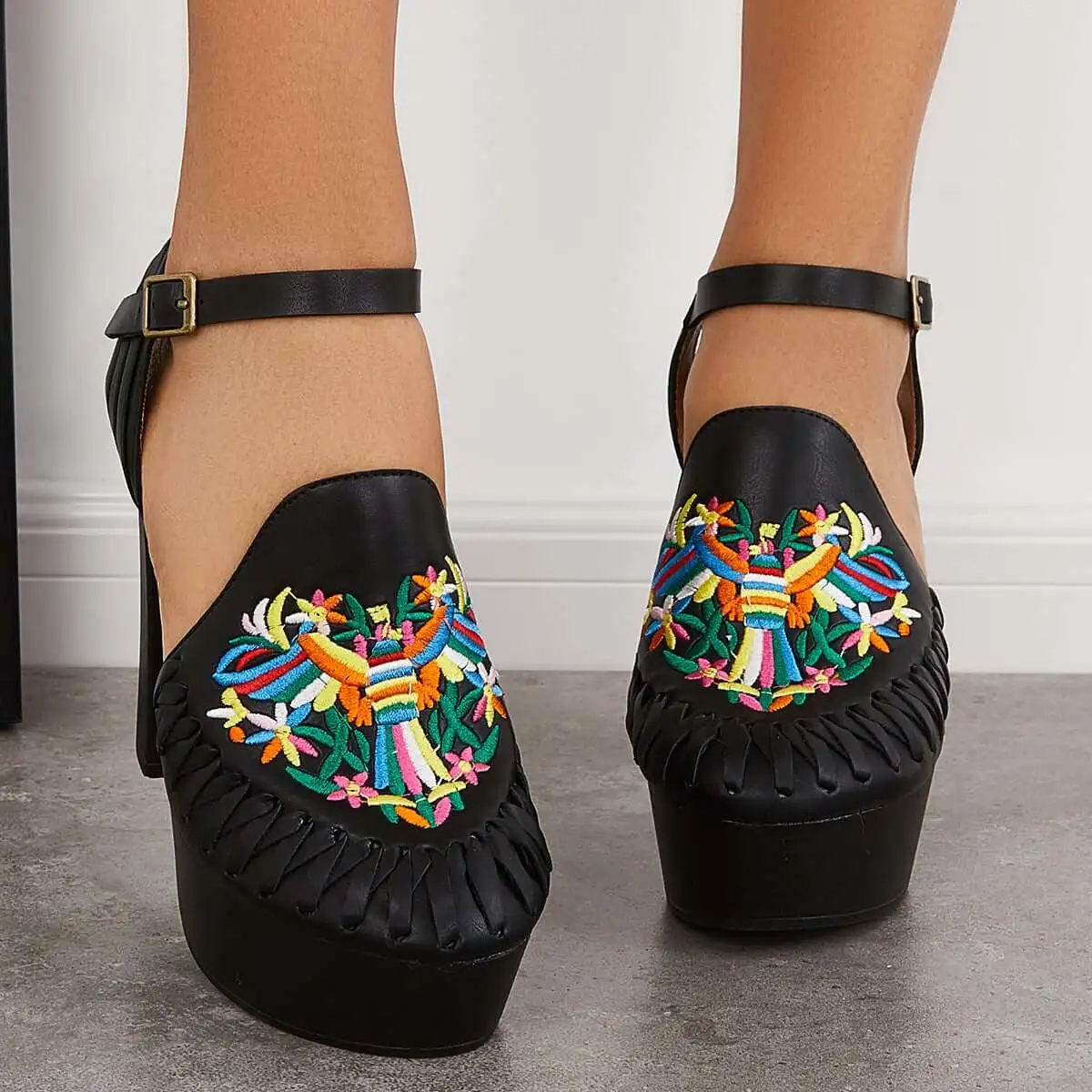 Embroidery Chunky Platform High Heels Ankle Strap Pumps
