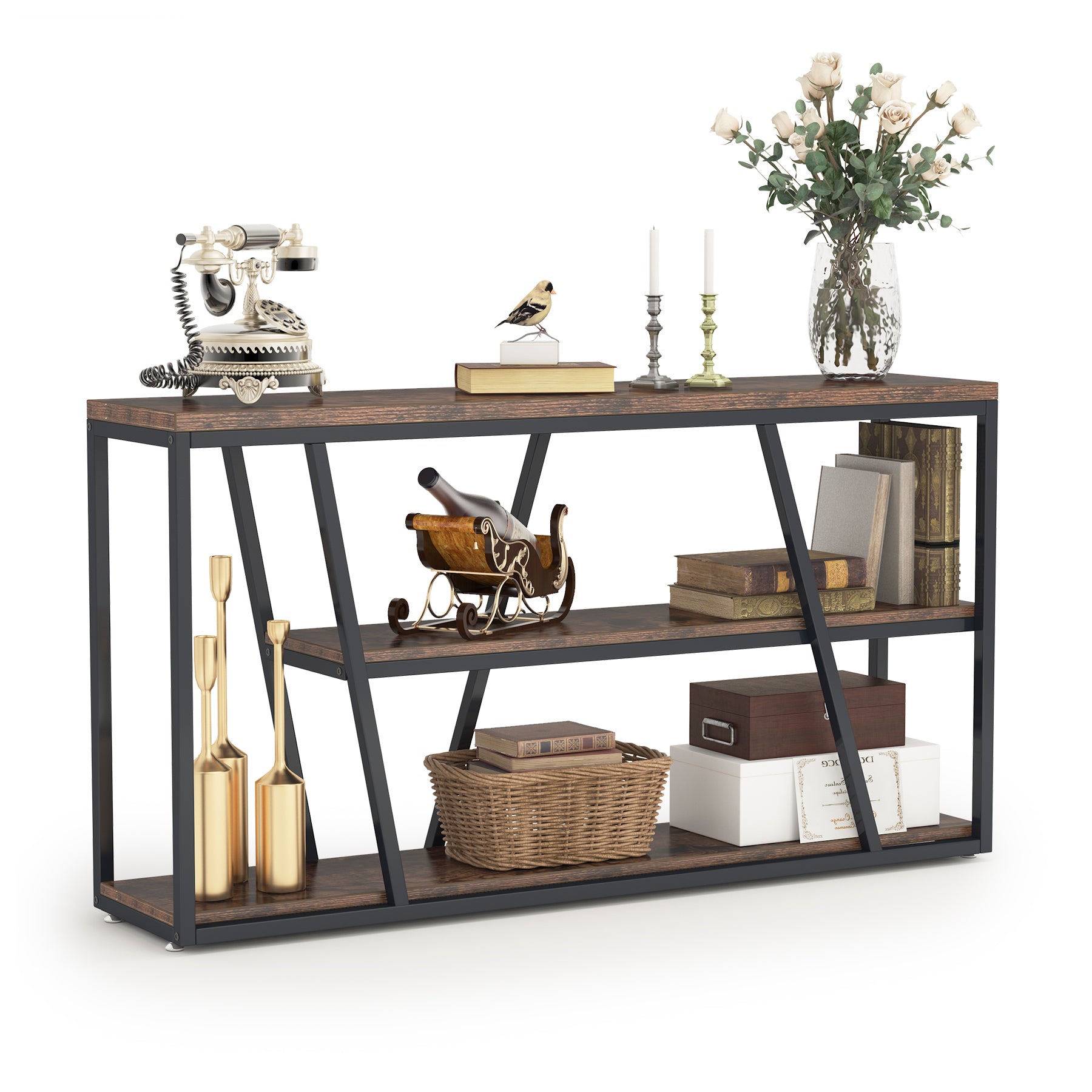 3-Tier Console Table, Industrial Sofa Entryway Table with Open Shelves