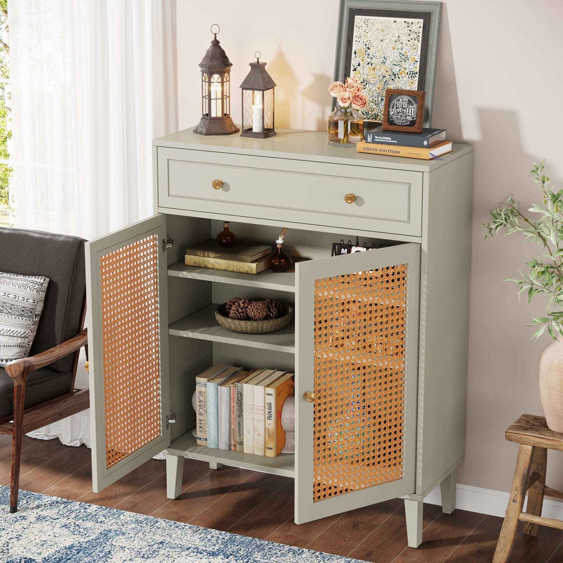 Wooden Storage Cabinet Sideboard with Adjustable Shelves and Drawer