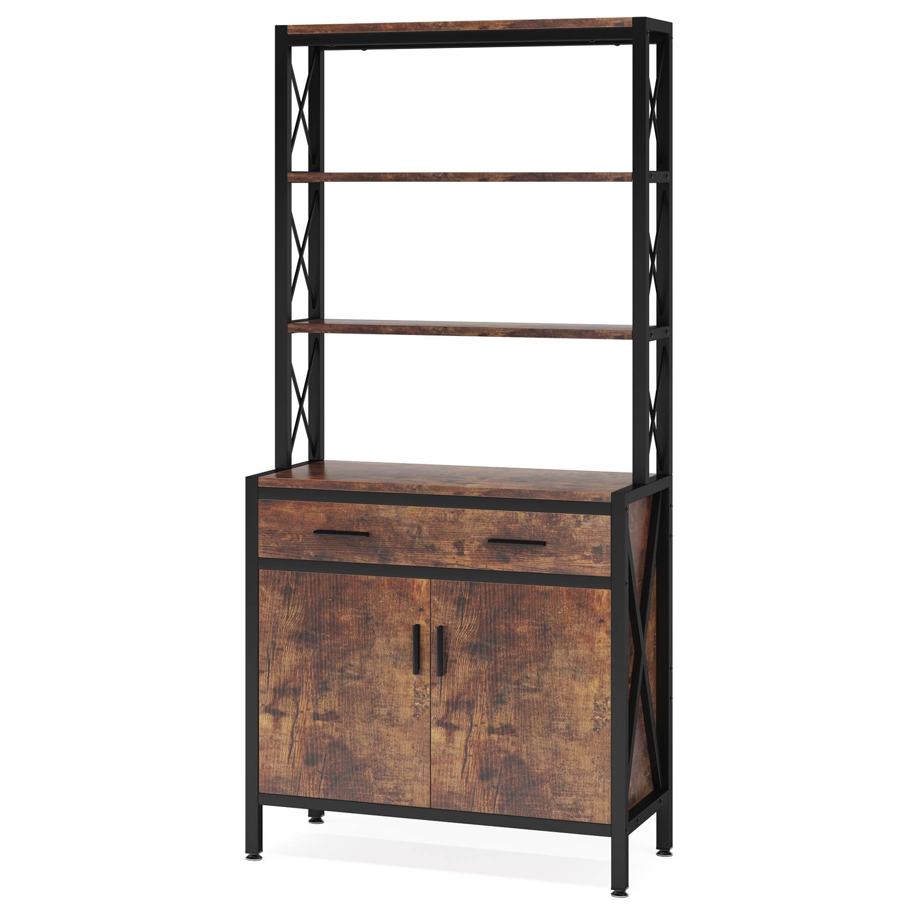 Industrial Bookshelf, 4-Tier Etagere Bookcase with Drawer & Cabinet