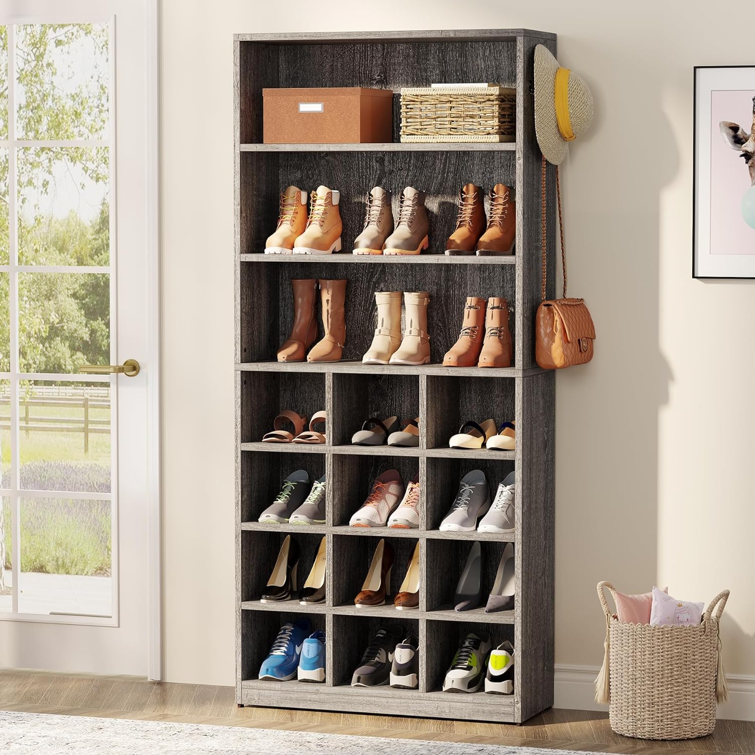 Freestanding Shoe Cabinet, 24 Pair Shoe Rack with Side Hooks