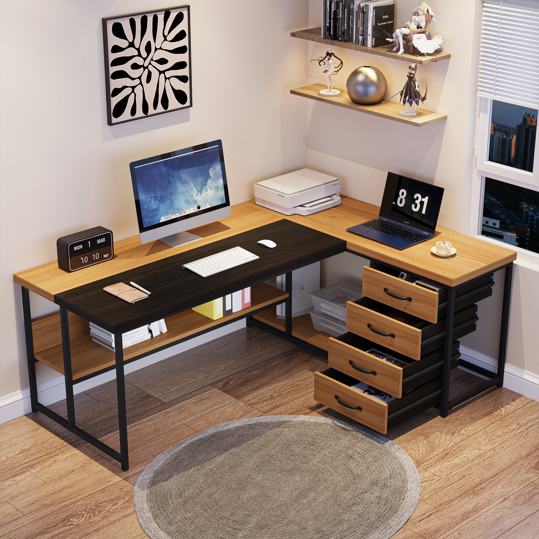 L-Shaped Desk with 4 Drawers, 62.2