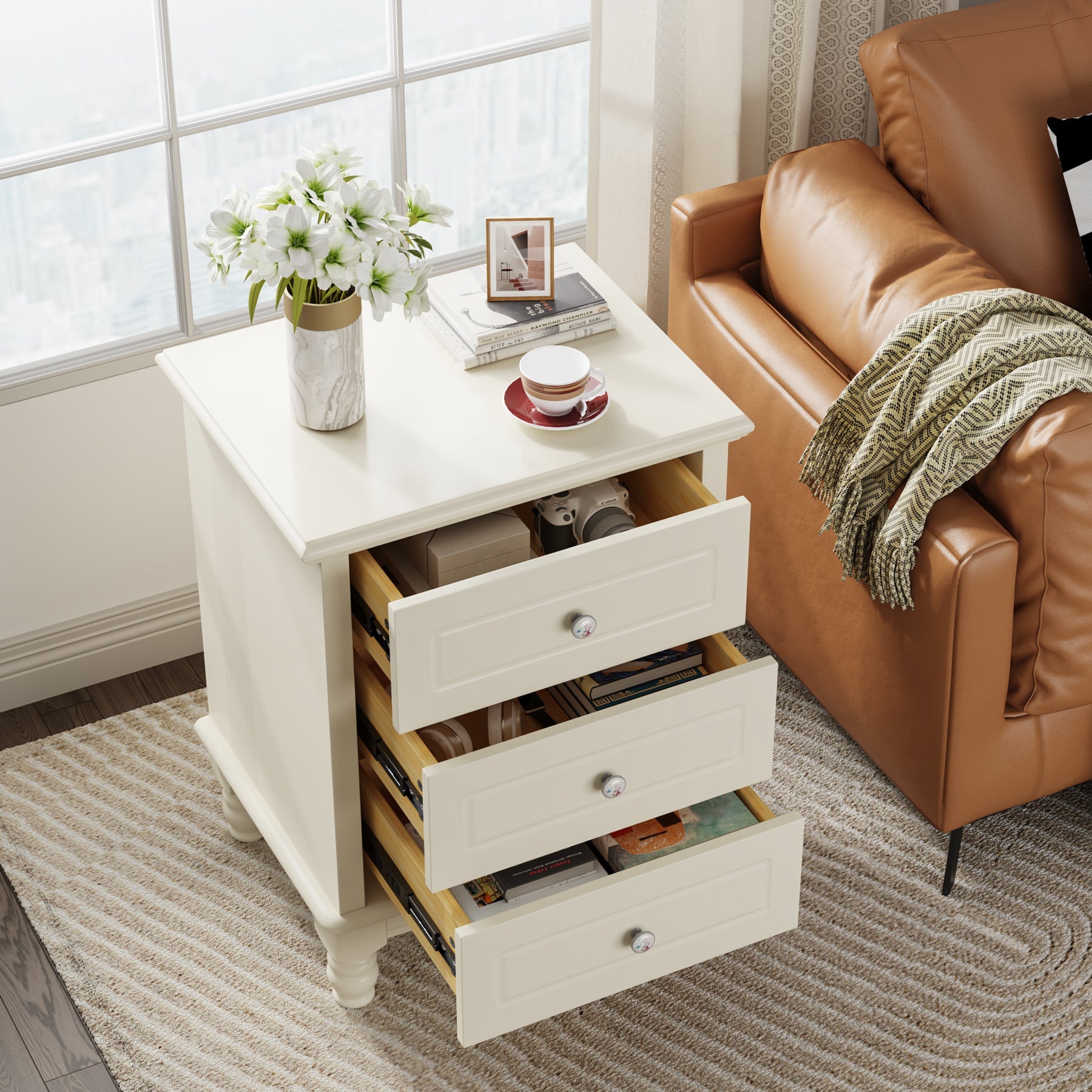 3-Drawer Nightstand, All-Wood Bedside Table Farmhouse End Table